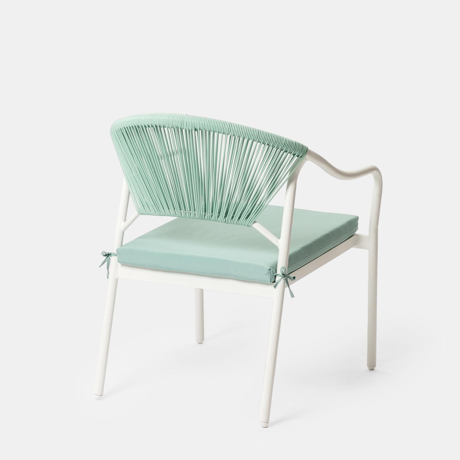 Set pranzo tavolo 150x90 cm top effetto legno e 4 sedie con braccioli in acciaio bianco e corda verde tiffany - Chrysler