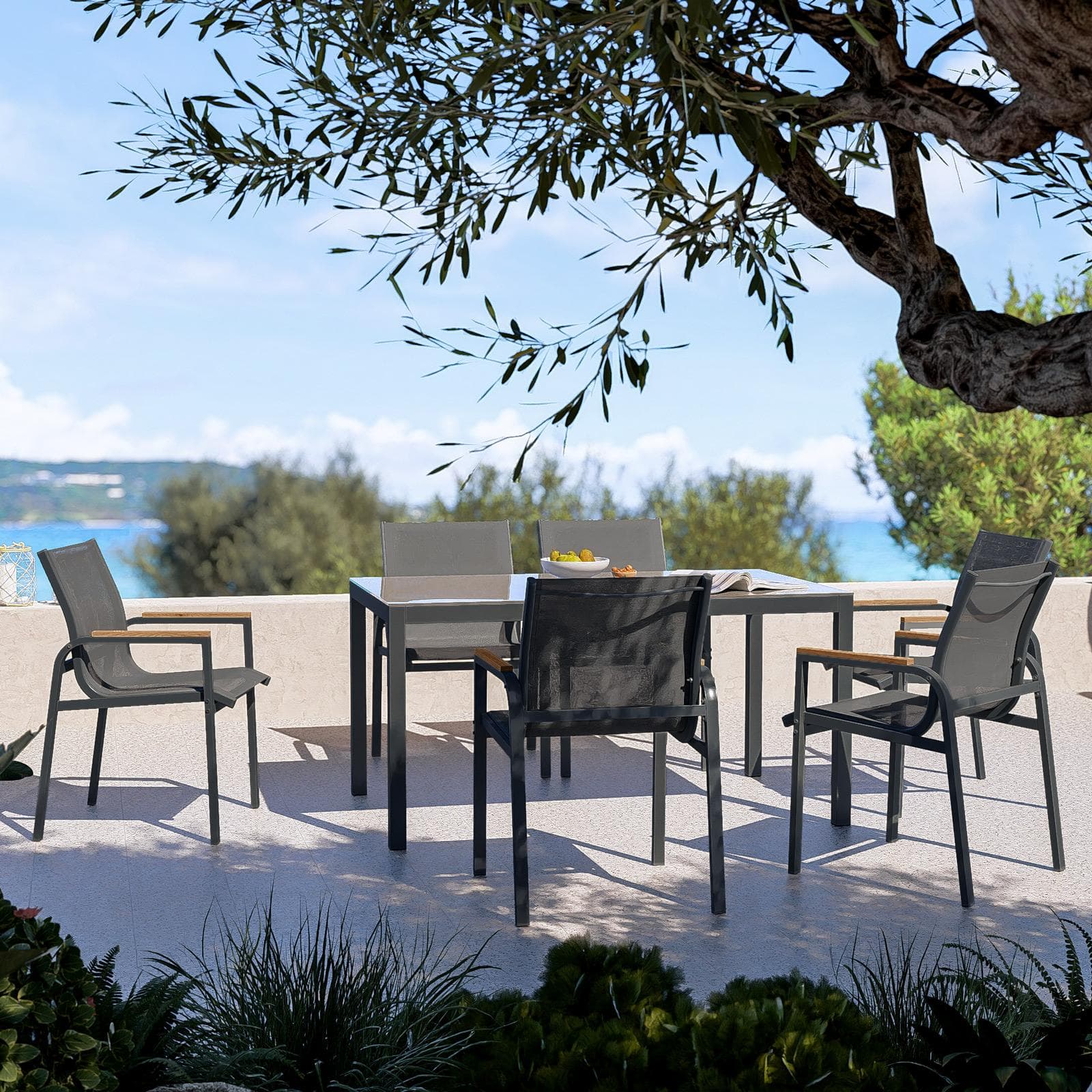Set pranzo tavolo 150x90 cm top vetro temperato e 6 sedie con braccioli in acciaio grigio - Tamika