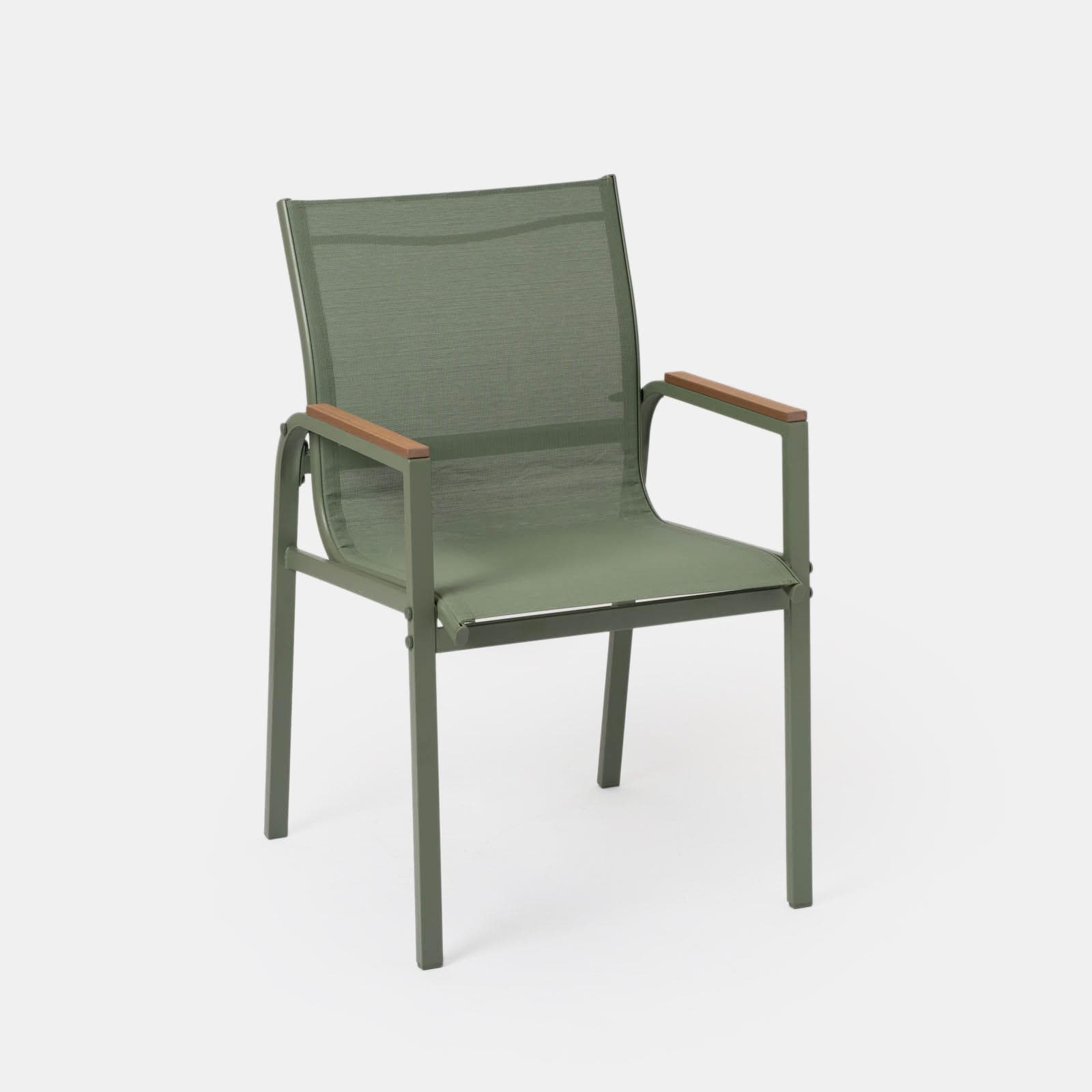 Set pranzo tavolo 150x90 cm top vetro temperato e 6 sedie con braccioli in acciaio verde oliva - Tamika