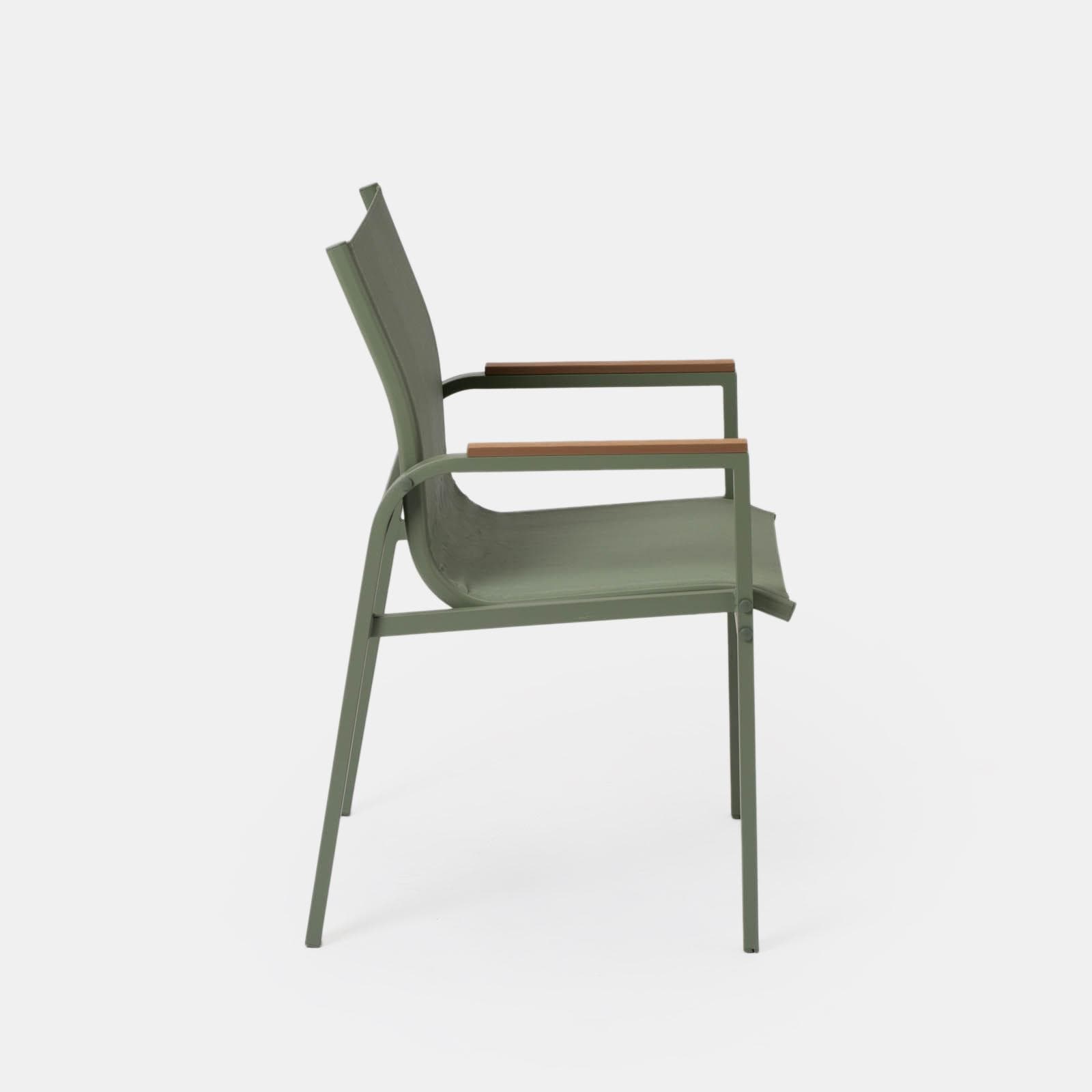 Set pranzo tavolo 150x90 cm top vetro temperato e 6 sedie con braccioli in acciaio verde oliva - Tamika