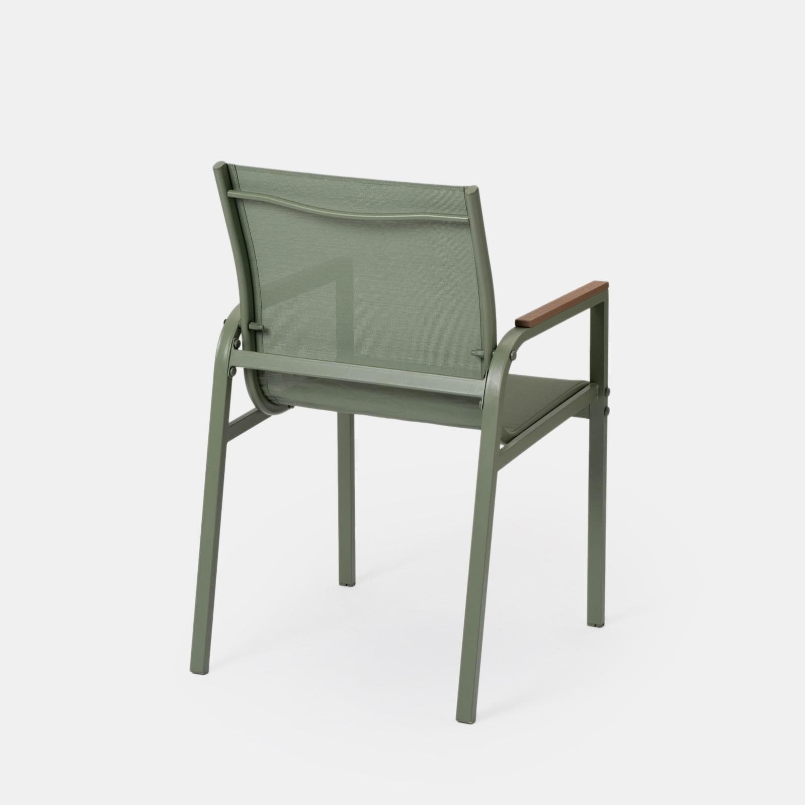 Set pranzo tavolo 150x90 cm top vetro temperato e 6 sedie con braccioli in acciaio verde oliva - Tamika