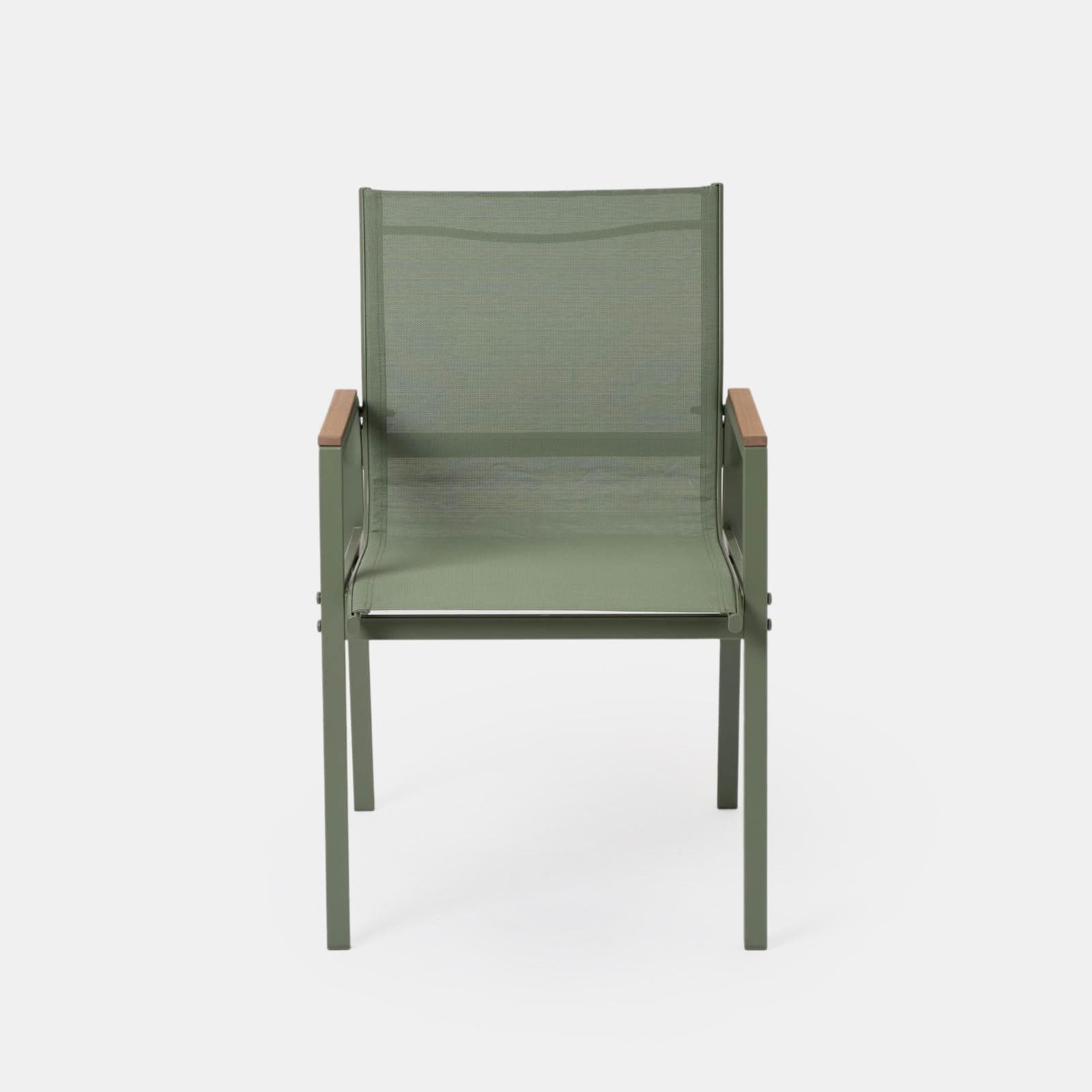 Set pranzo tavolo 150x90 cm top vetro temperato e 6 sedie con braccioli in acciaio verde oliva - Tamika