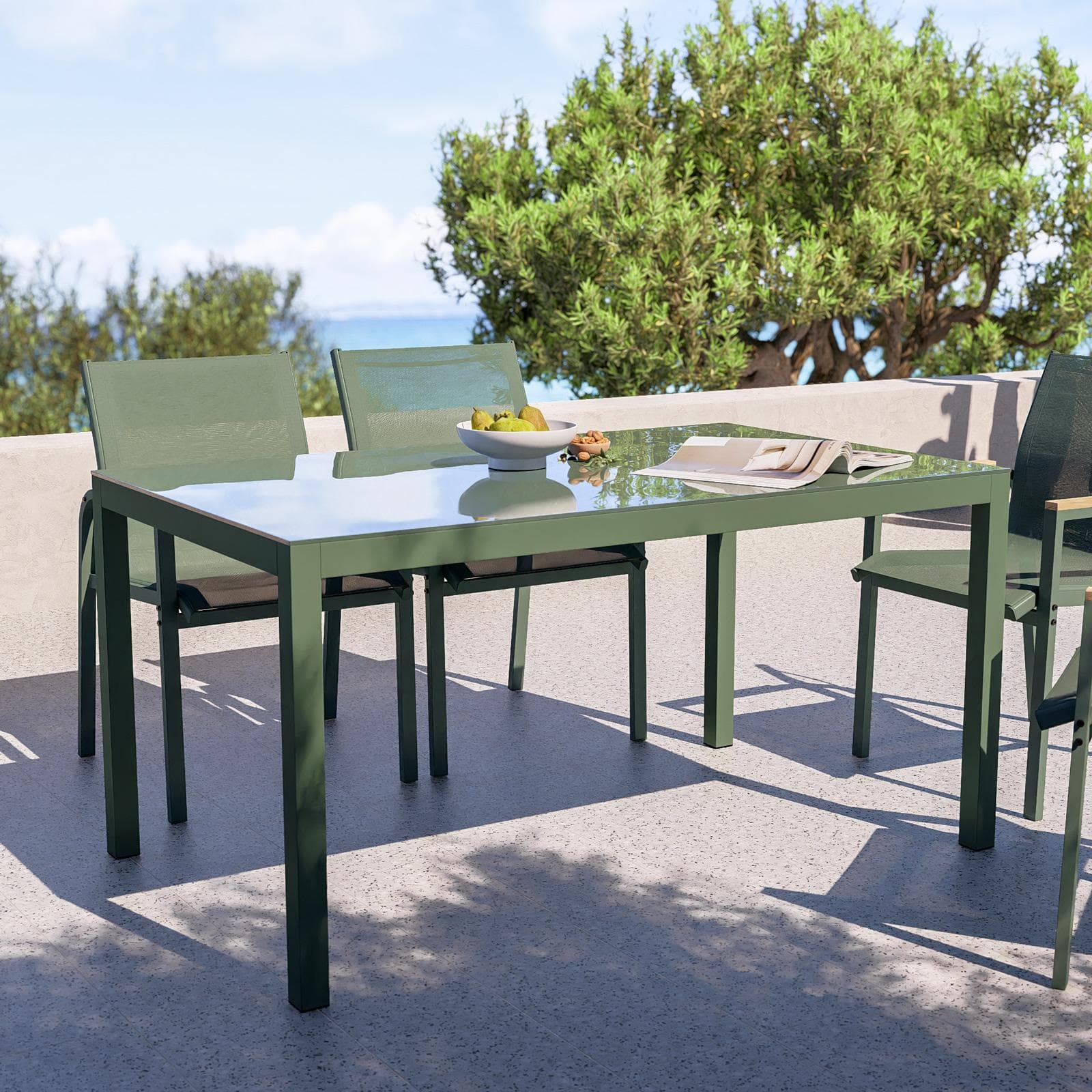 Set pranzo tavolo 150x90 cm top vetro temperato e 6 sedie con braccioli in acciaio verde oliva - Tamika