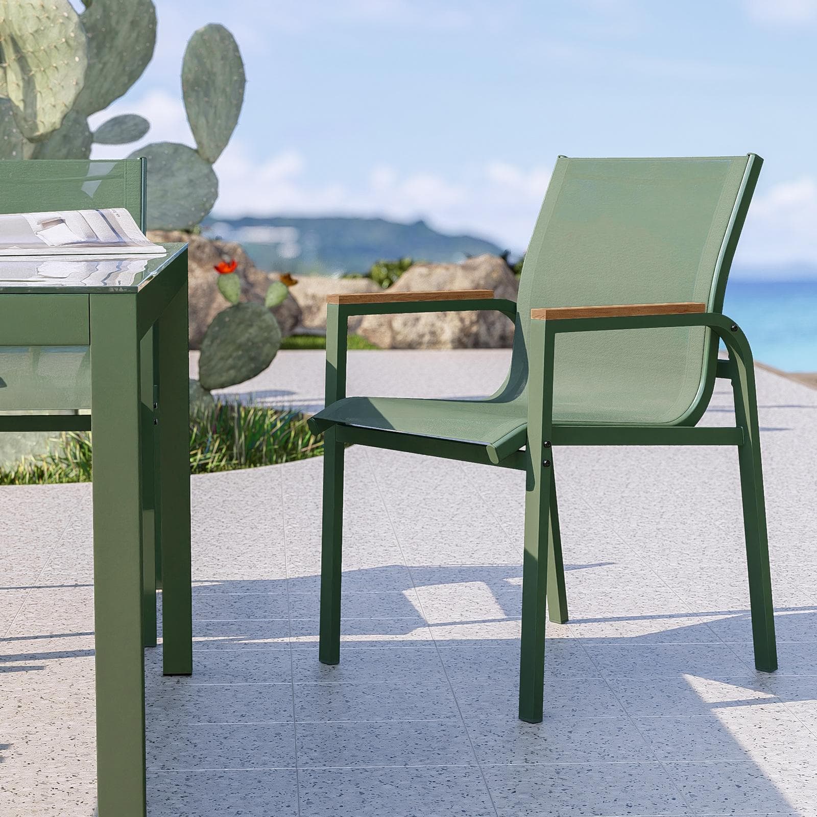 Set pranzo tavolo 150x90 cm top vetro temperato e 6 sedie con braccioli in acciaio verde oliva - Tamika