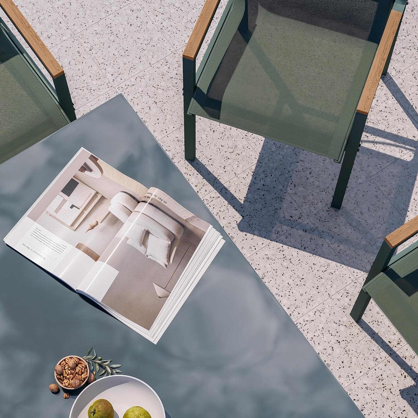 Set pranzo tavolo 150x90 cm top vetro temperato e 6 sedie con braccioli in acciaio verde oliva - Tamika