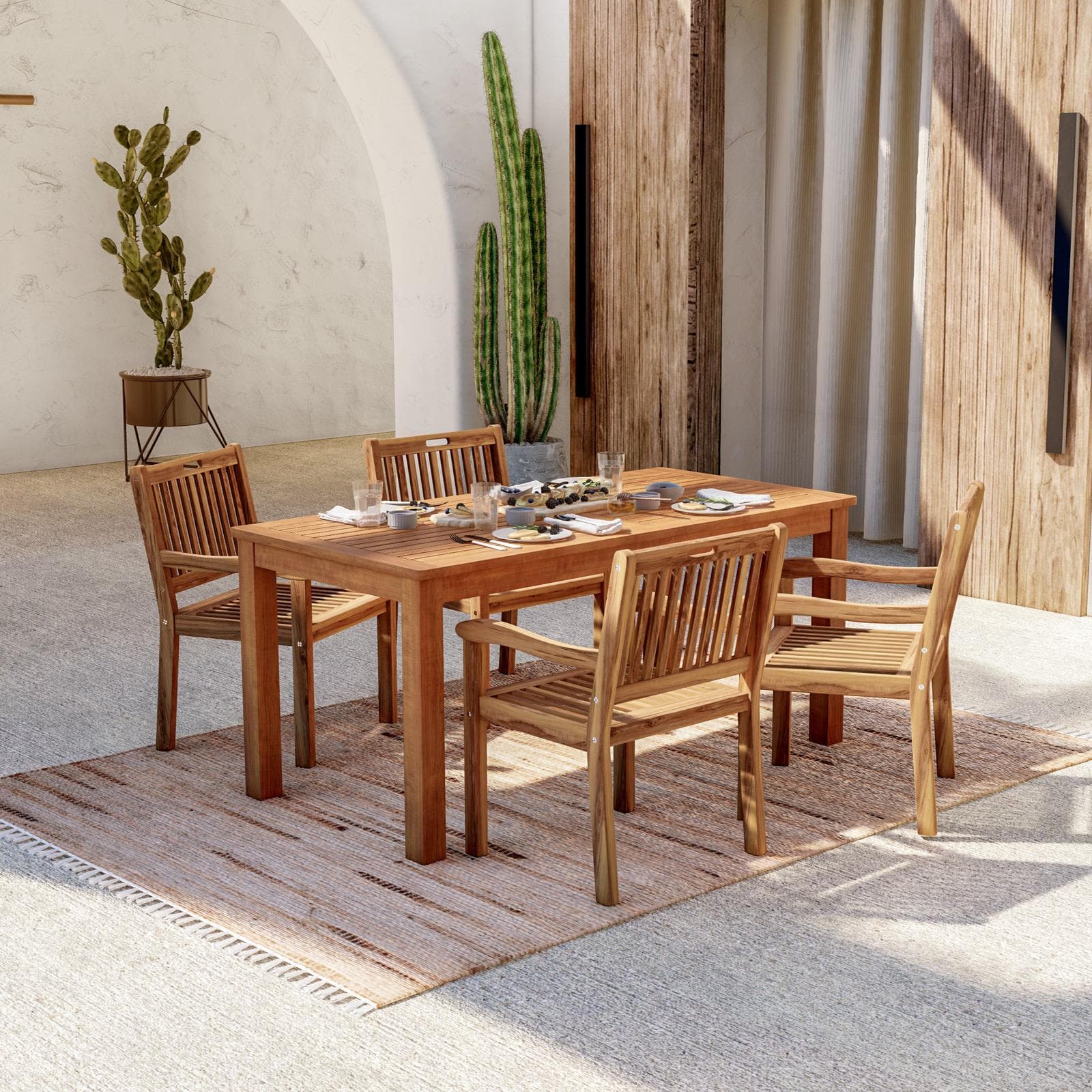 Set pranzo tavolo 160x80 cm e 4 sedie con braccioli in legno di acacia - Paja