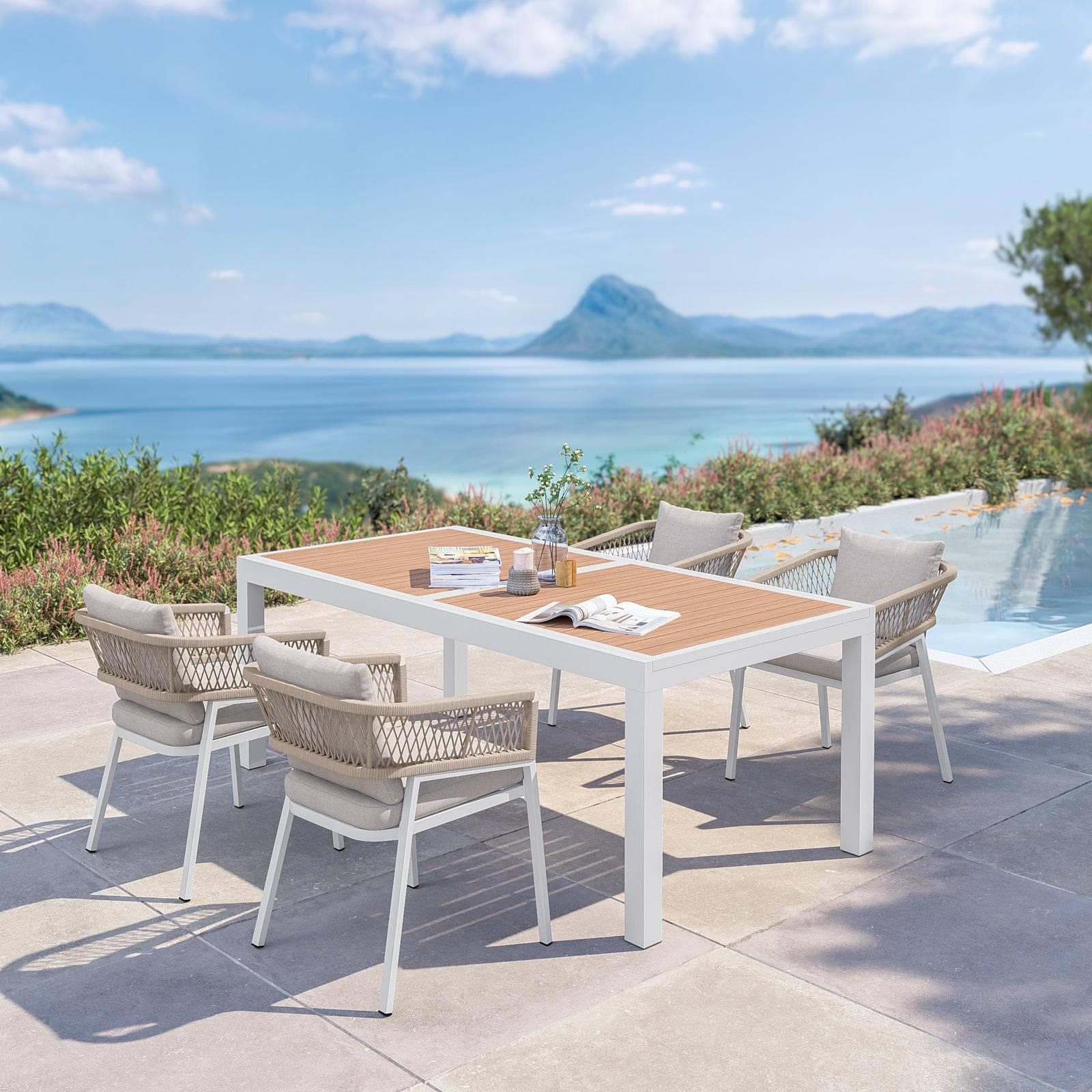 Set pranzo tavolo 200/300x100 cm top miele e 6 sedie in alluminio bianco e corda tortora - Clerc