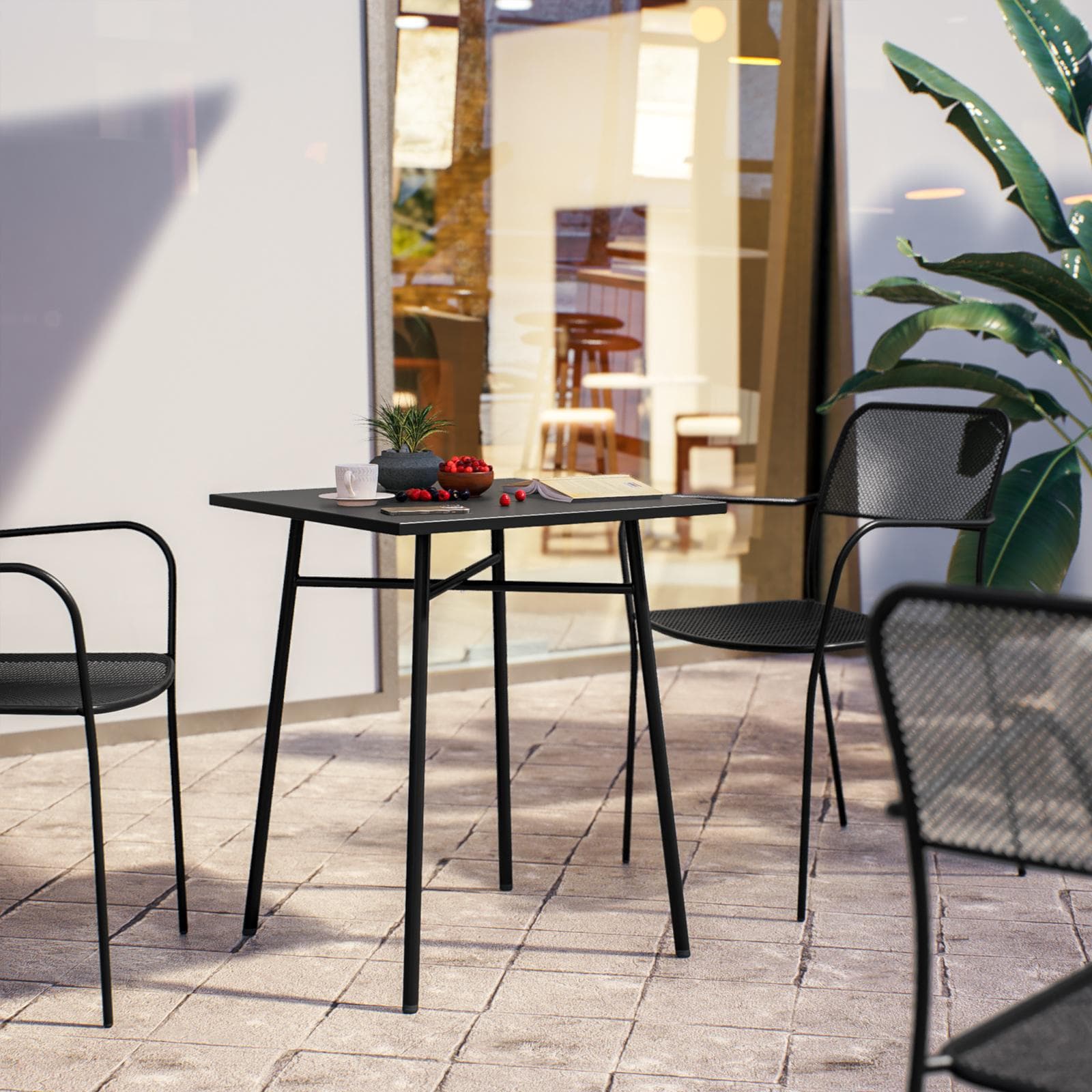 Set bistrot tavolo 60x60 e 2 sedie con braccioli in acciaio nero - Faber