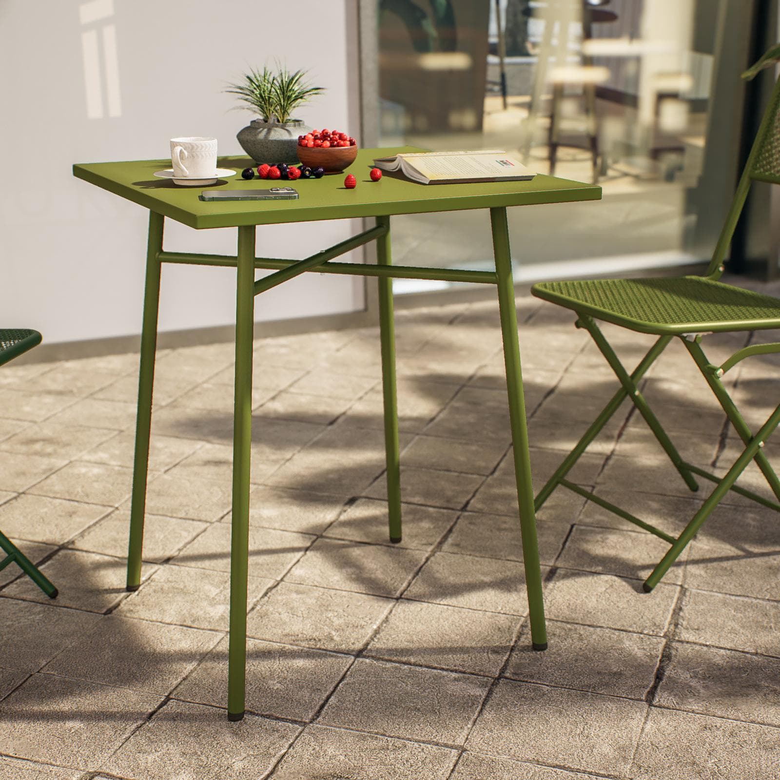 Set bistrot tavolo 60x60 e 2 sedie pieghevoli in acciaio verde oliva - Faber