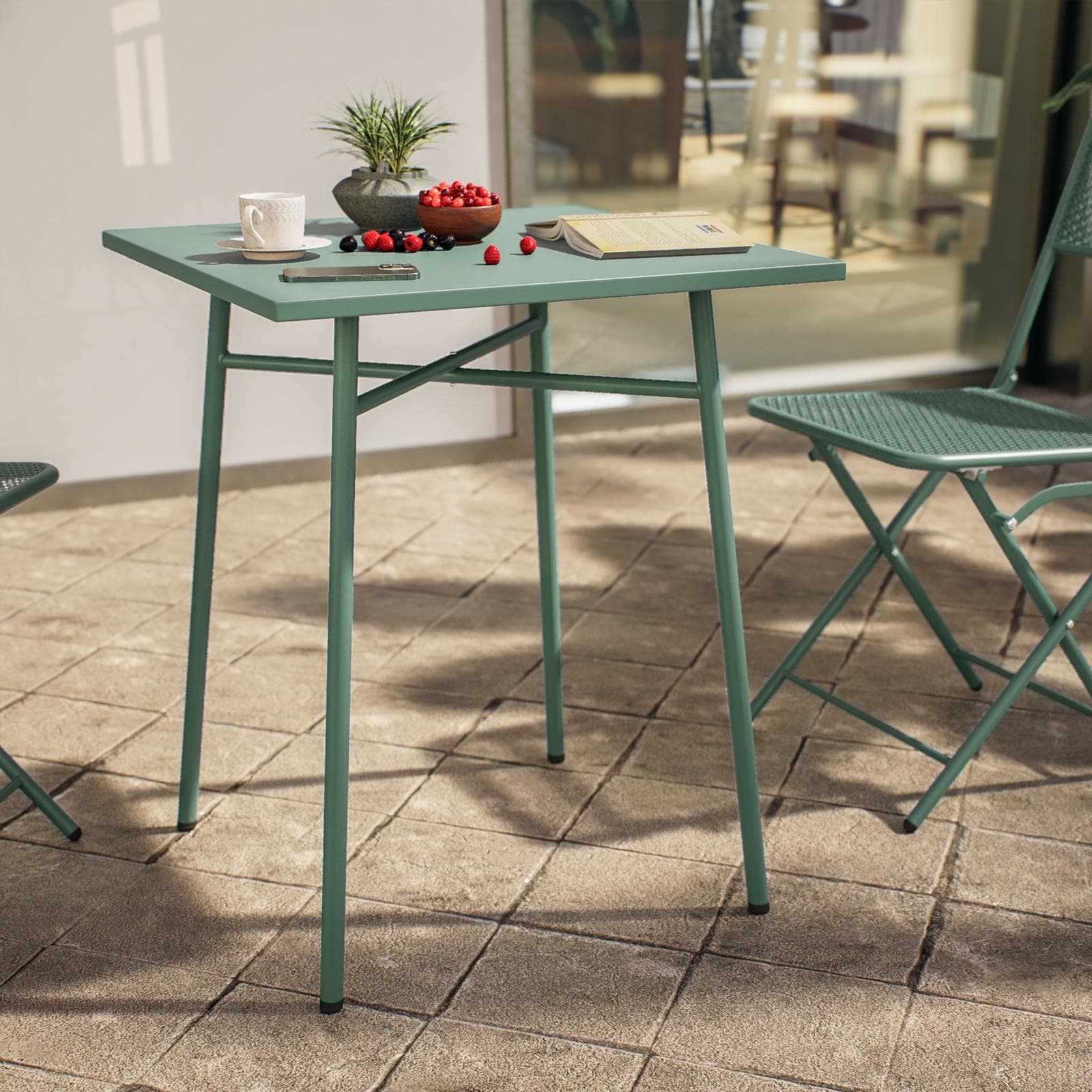 Set bistrot tavolo 60x60 e 2 sedie pieghevoli in acciaio verde marino - Faber