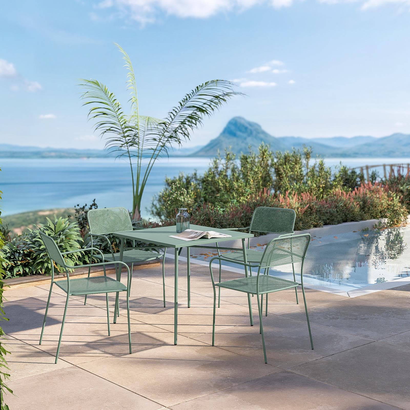 Set pranzo tavolo 80x80 cm e 4 sedie con braccioli in acciaio verde marino - Faber