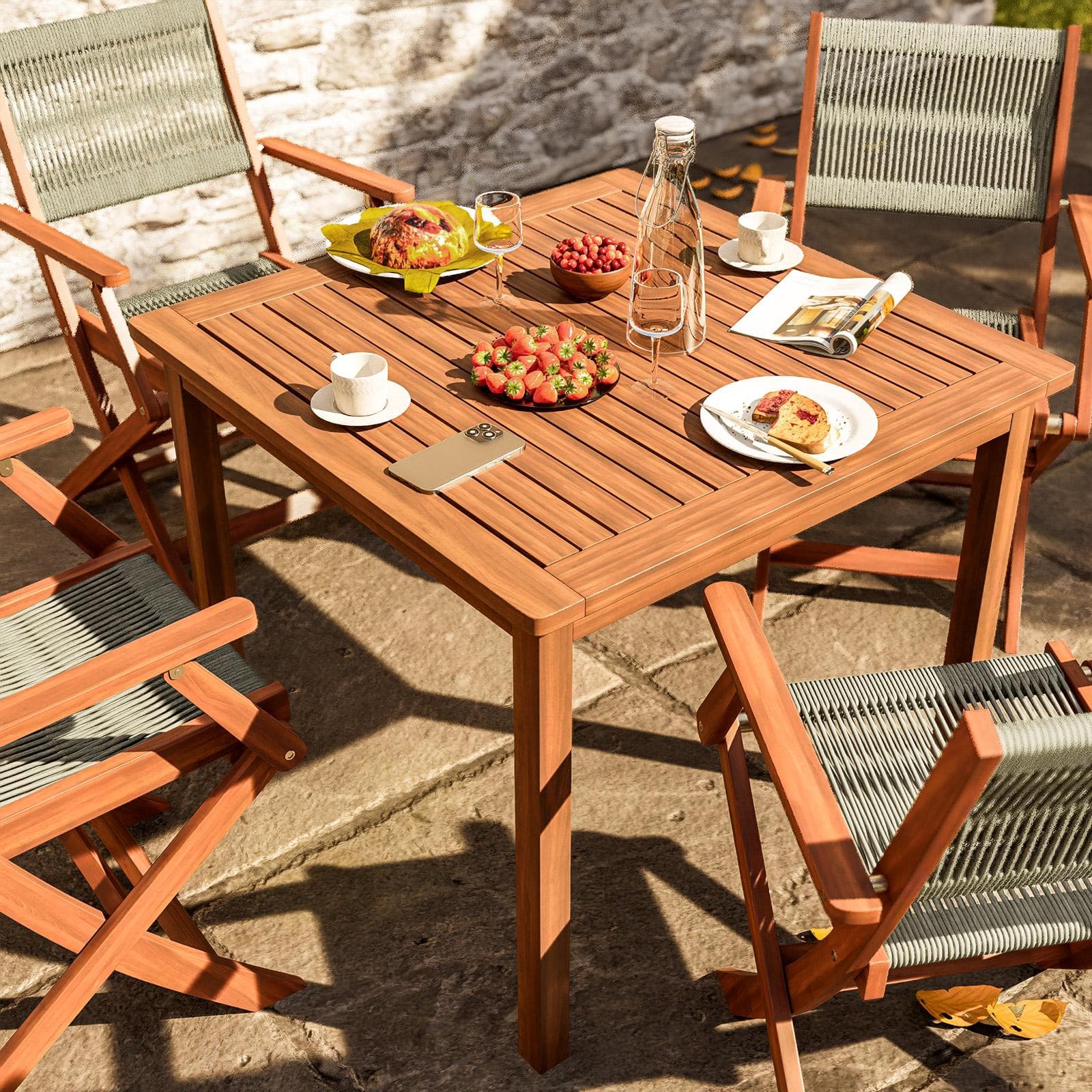 Set pranzo tavolo 80x80 cm e 4 sedie pieghevoli con braccioli in legno di acacia e corda tortora - Yadira