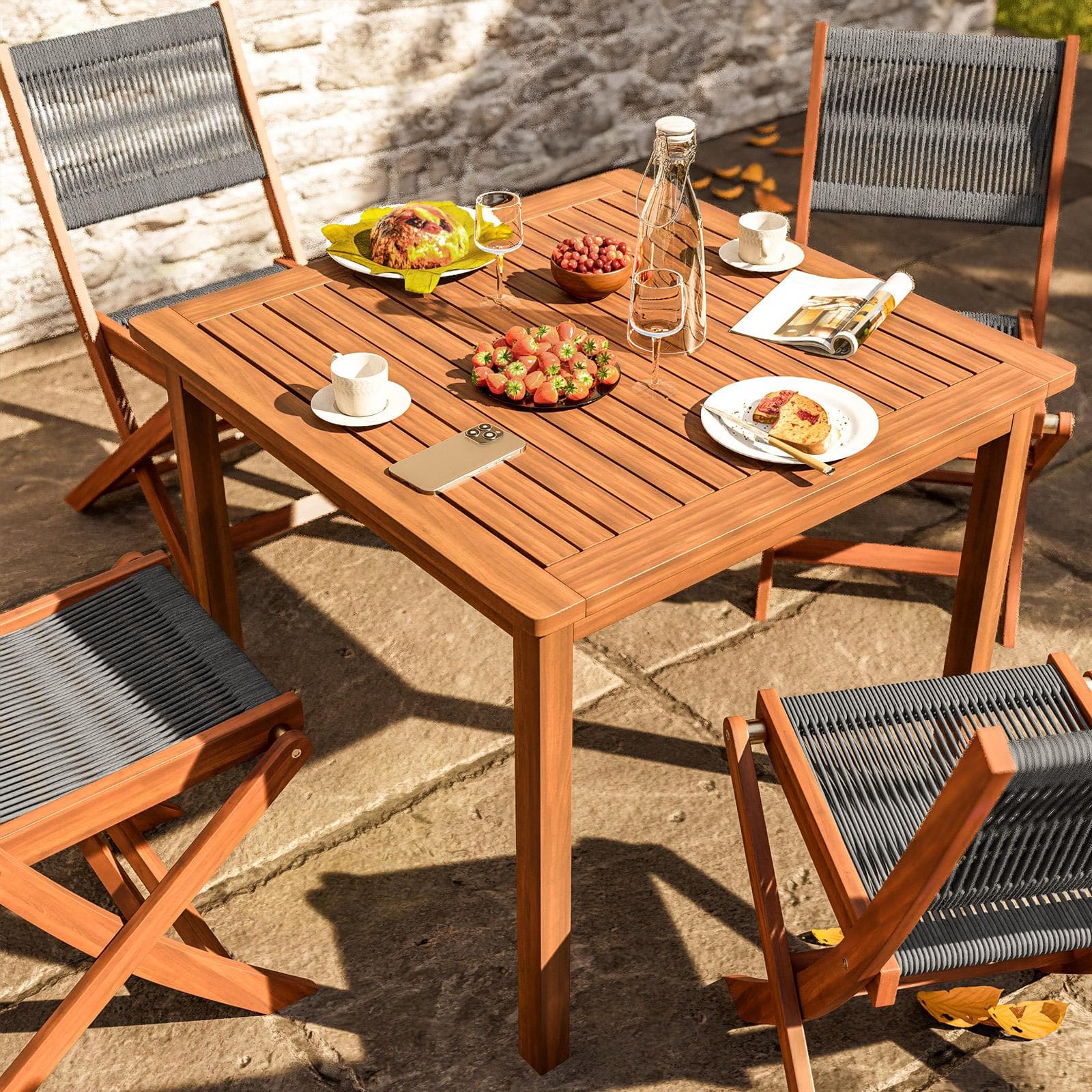 Set pranzo tavolo 80x80 cm e 4 sedie pieghevoli in legno di acacia e corda grigia - Yadira