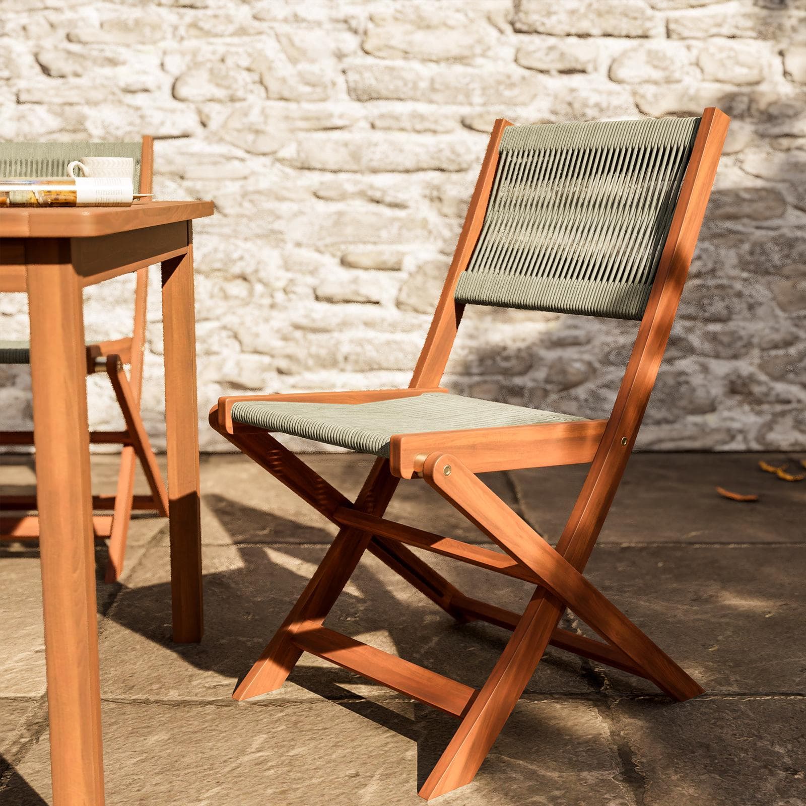 Set pranzo tavolo 80x80 cm e 4 sedie pieghevoli in legno di acacia e corda tortora - Yadira