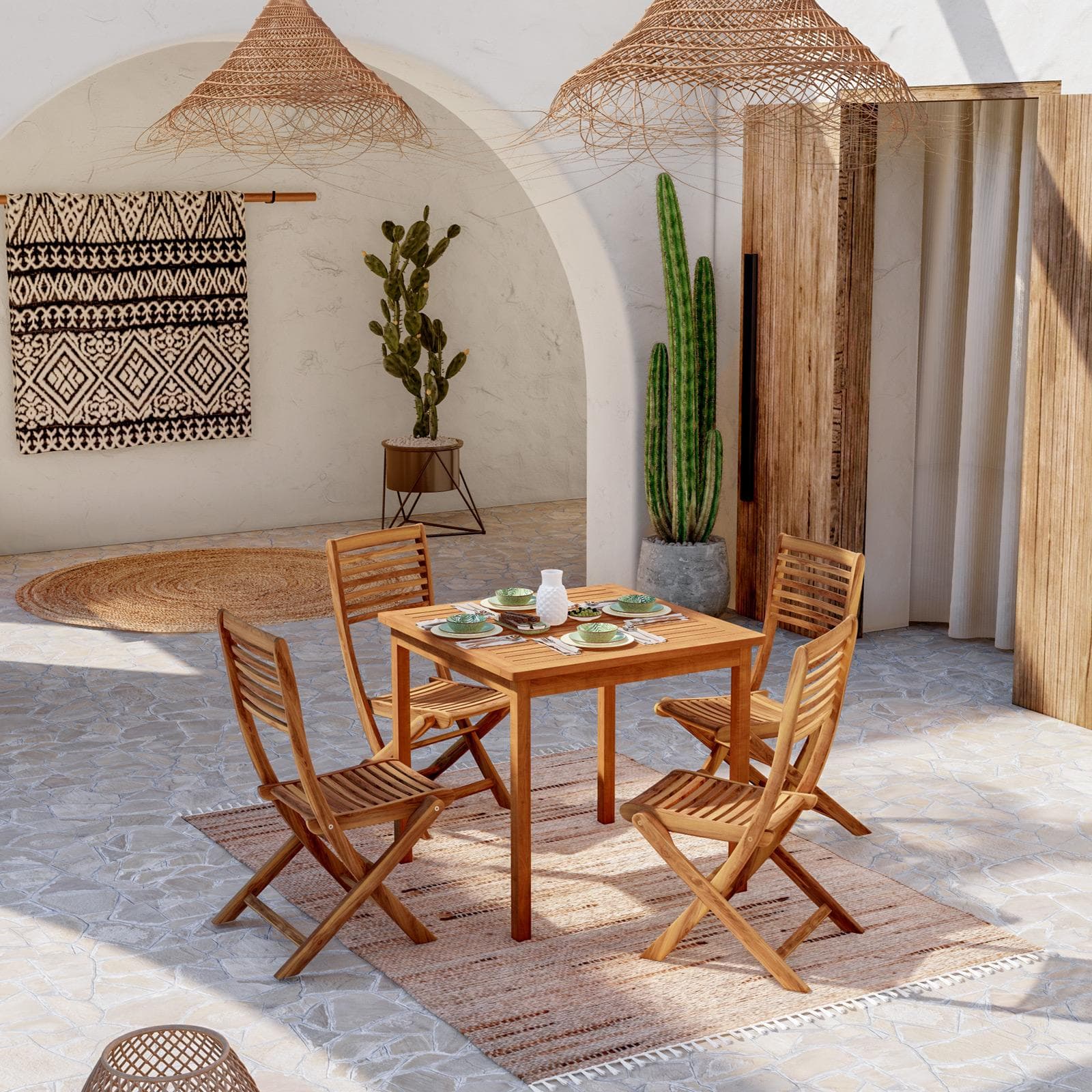 Set pranzo tavolo 80x80 cm con 4 sedie pieghevoli in legno di acacia - Paja