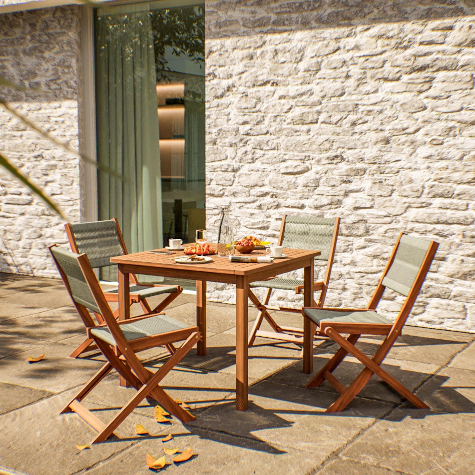 Set pranzo tavolo 90x90 cm e 4 sedie pieghevoli in legno di acacia e corda tortora - Yadira