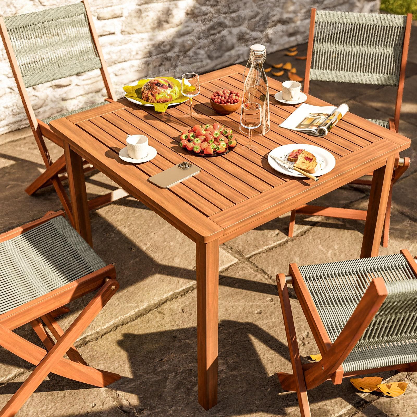 Set pranzo tavolo 90x90 cm e 4 sedie pieghevoli in legno di acacia e corda tortora - Yadira