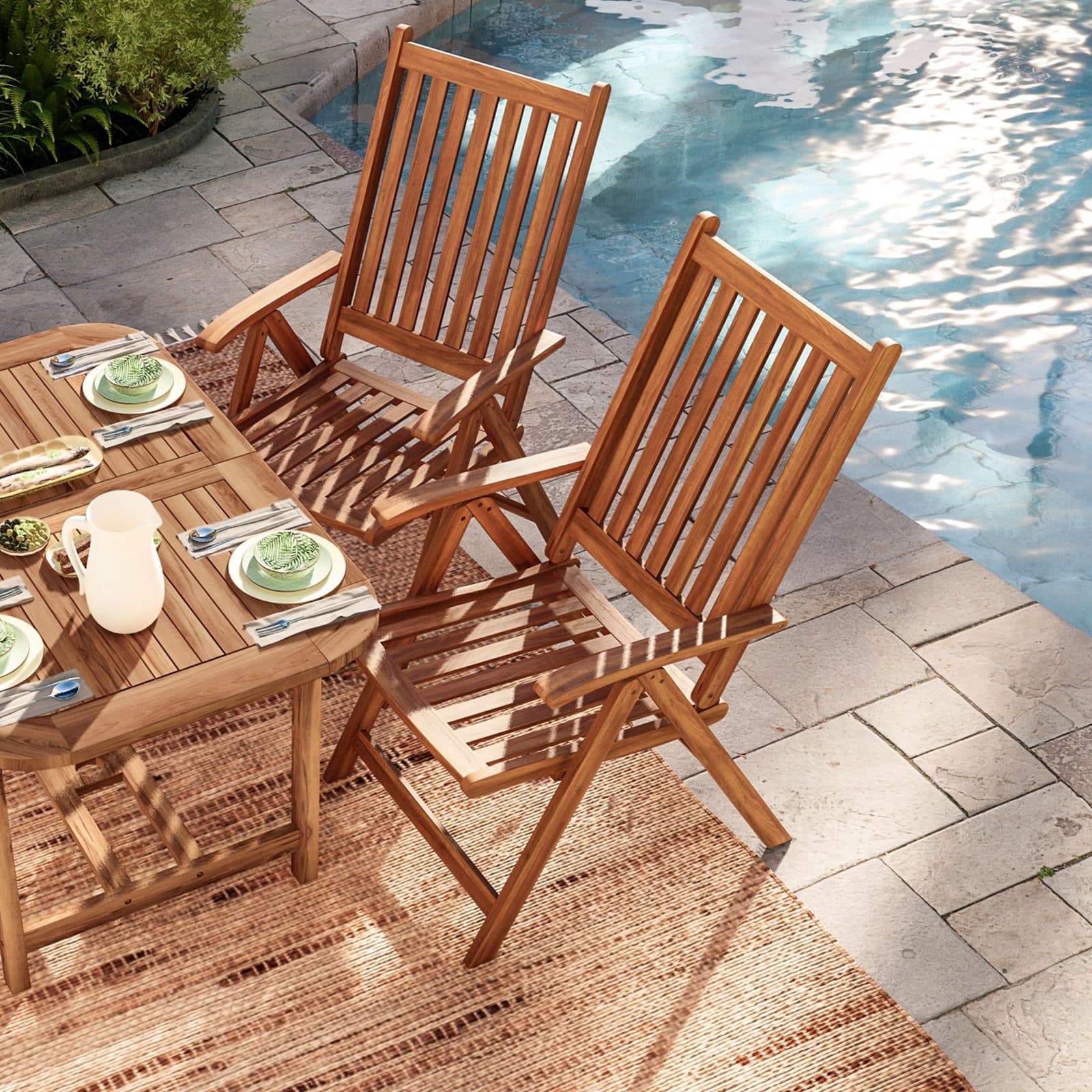Set pranzo tavolo allungabile 120/160x80 cm e 4 sedie con braccioli regolabili in legno di acacia - Paja