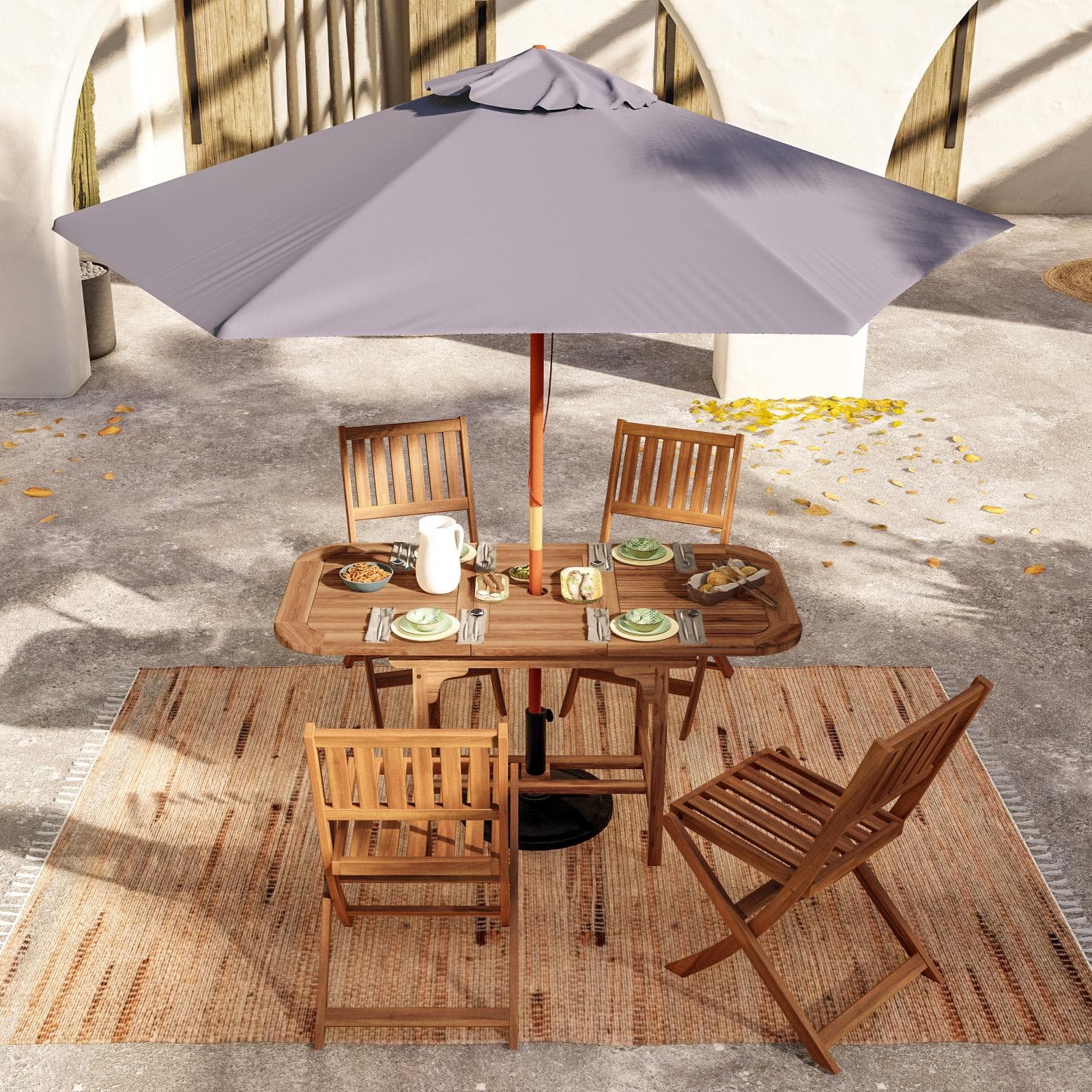 Set pranzo tavolo allungabile 120/160x80 cm e 4 sedie pieghevoli in legno d'acacia - Paja