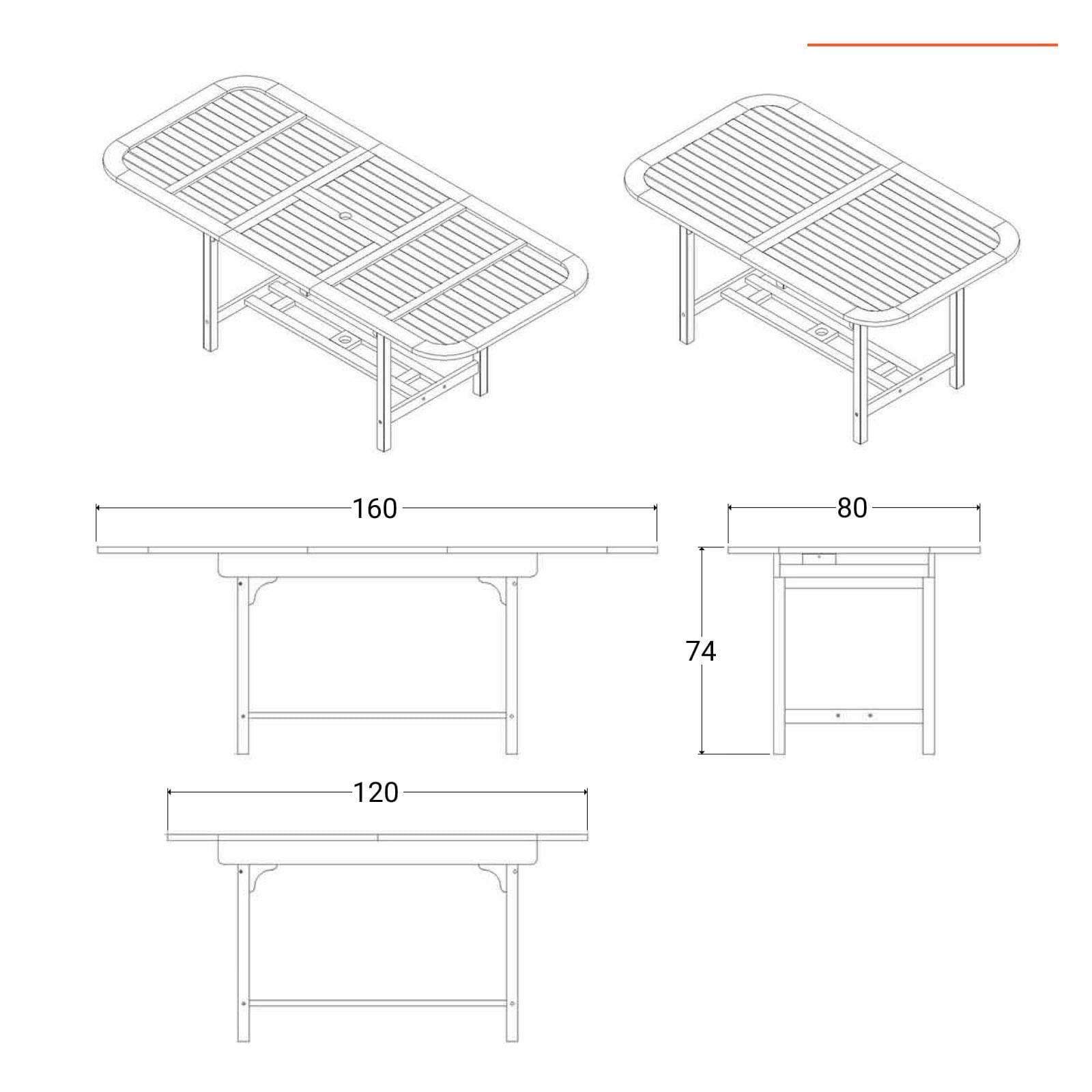 Set pranzo con tavolo allungabile 120/160x80 cm con 4 sedie pieghevoli in legno di acacia - Paja