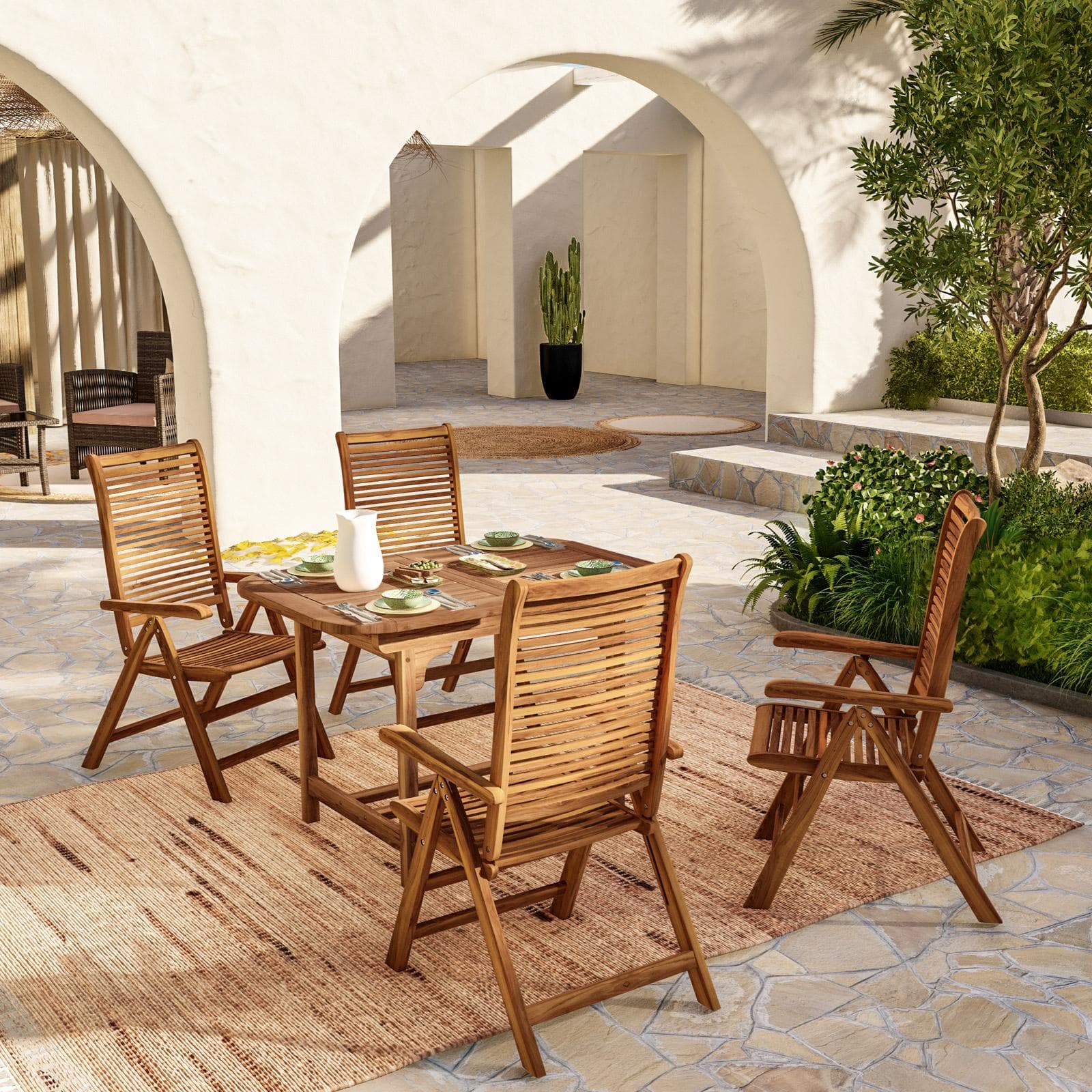 Set pranzo tavolo allungabile 120/160x80 cm e 4 sedie regolabili in legno di acacia - Paja