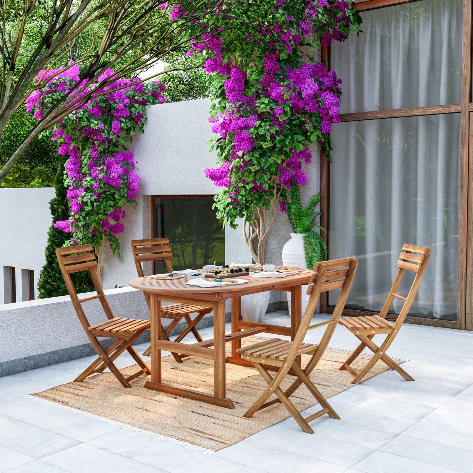 Set pranzo tavolo allungabile 150/200x100 cm con 4 sedie pieghevoli in legno di acacia - Paja