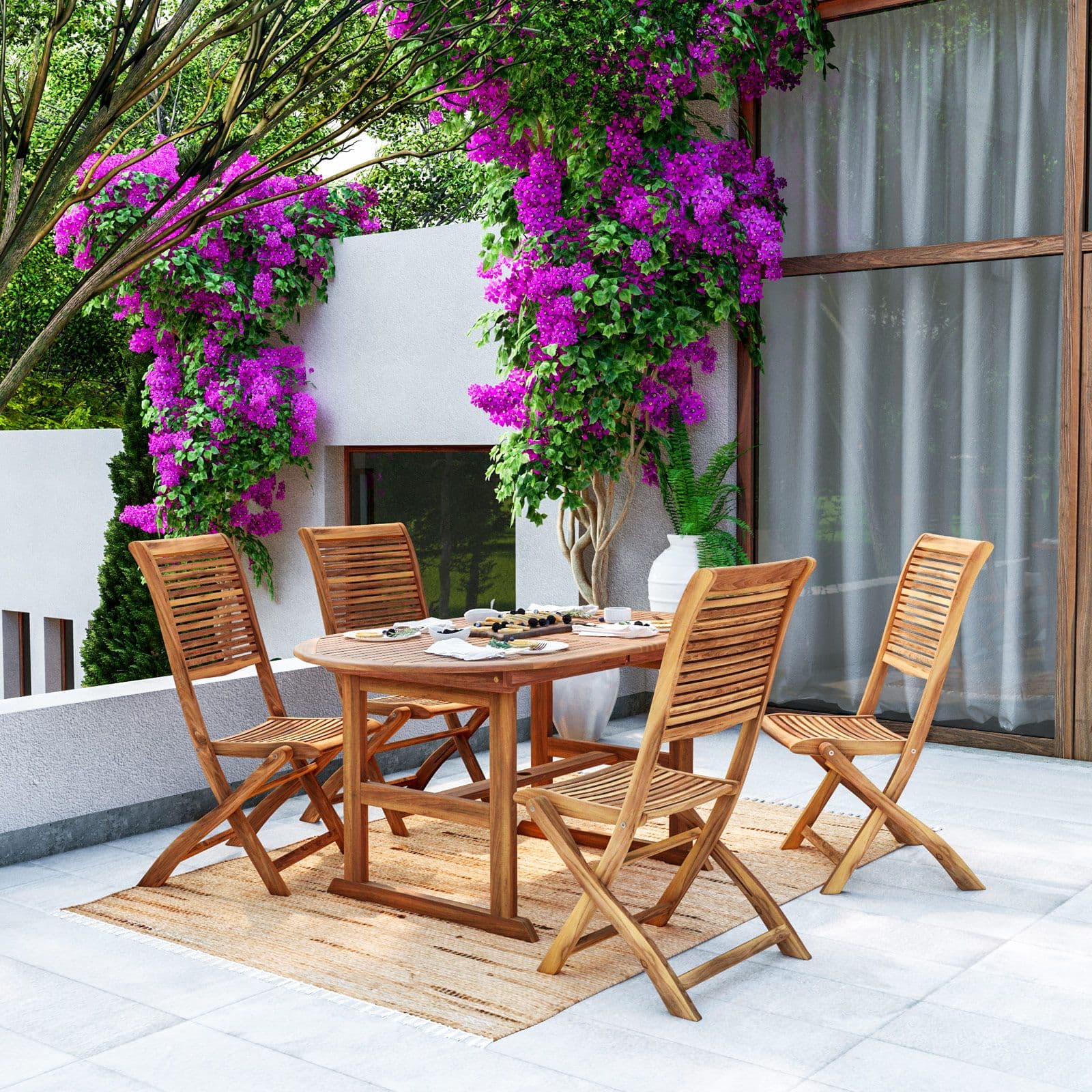 Set pranzo tavolo allungabile 150/200x100 cm e 4 sedie pieghevoli in legno d'acacia - Paja