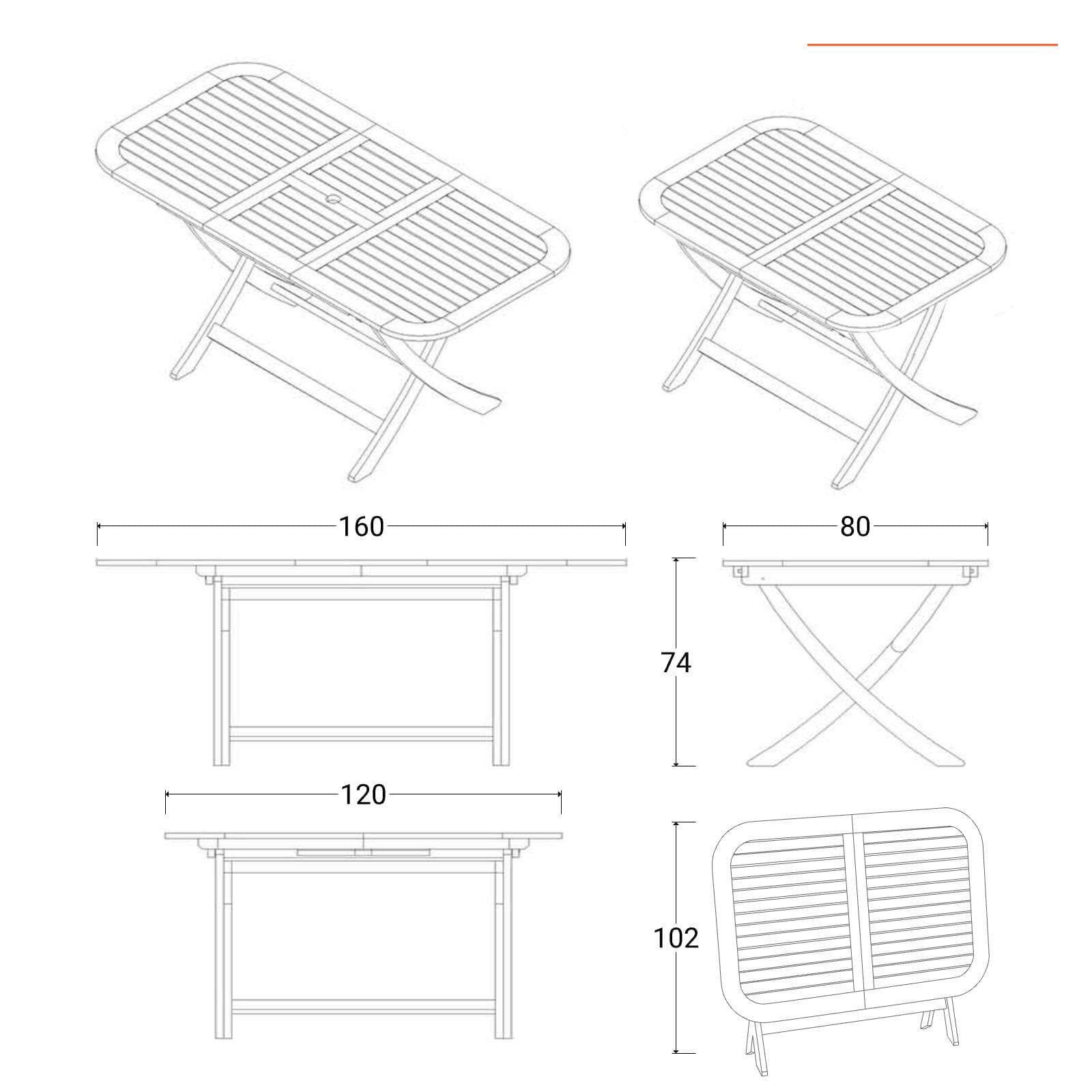 Set pranzo tavolo allungabile pieghevole 120/160x80 cm e 4 sedie con braccioli regolabili in legno di acacia - Paja