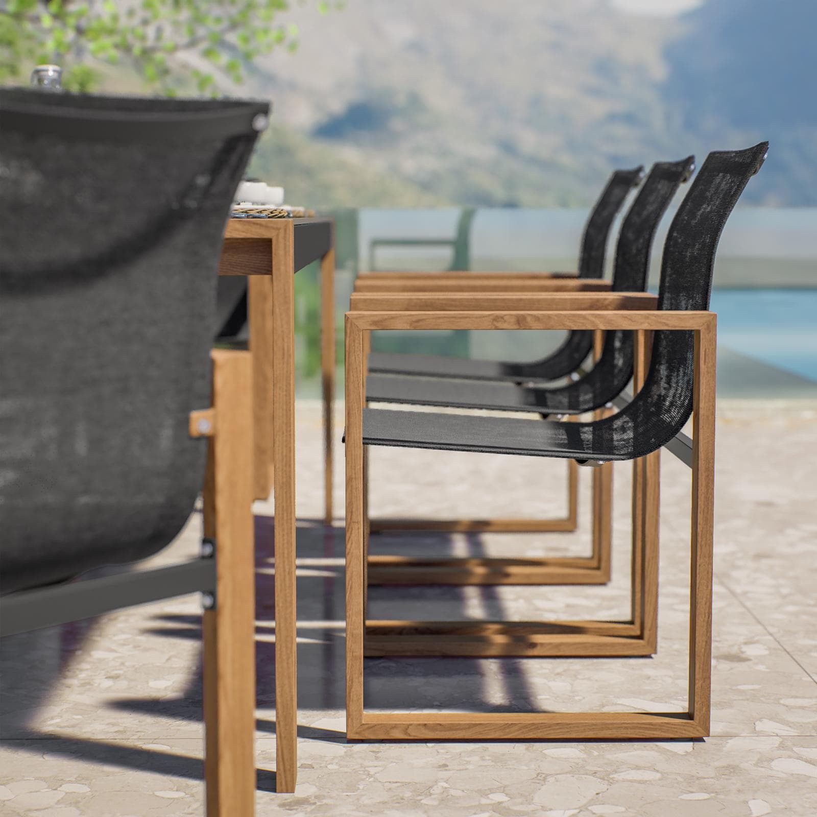 Set pranzo tavolo con top in vetro 220x100 cm e 8 sedie con braccioli in alluminio grigio effetto legno - Ohen