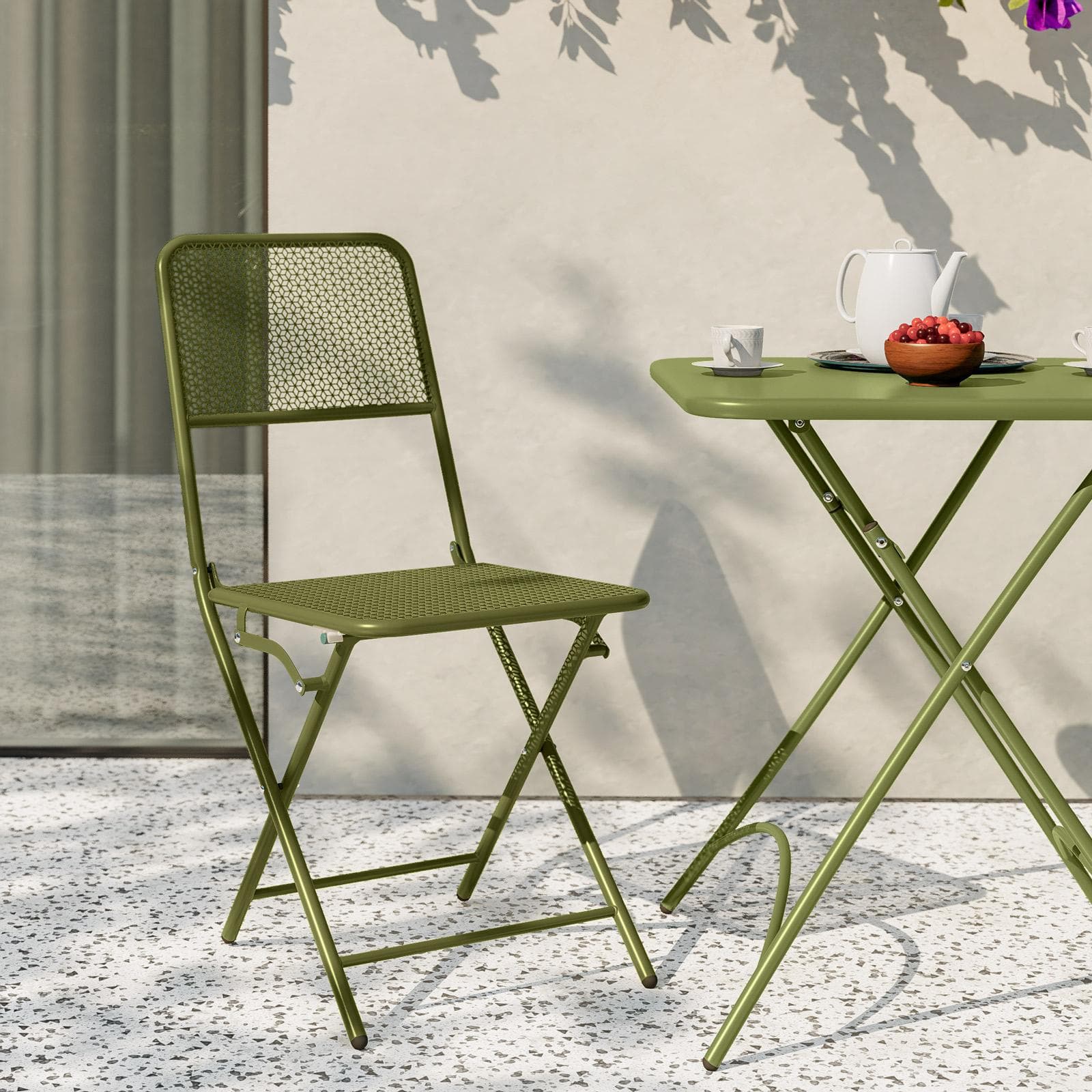 Set bistrot tavolo pieghevole 60x60 cm e 2 sedie pieghevoli in acciaio verde oliva - Faber