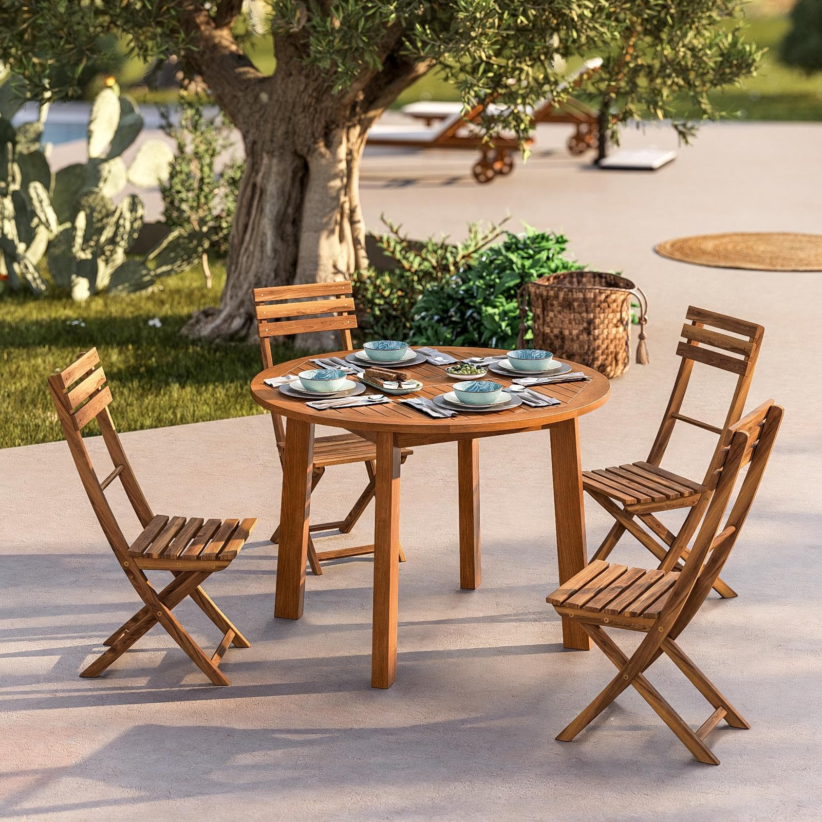 Set pranzo tavolo rotondo 110 cm e 4 sedie pieghevoli in legno d'acacia - Paja