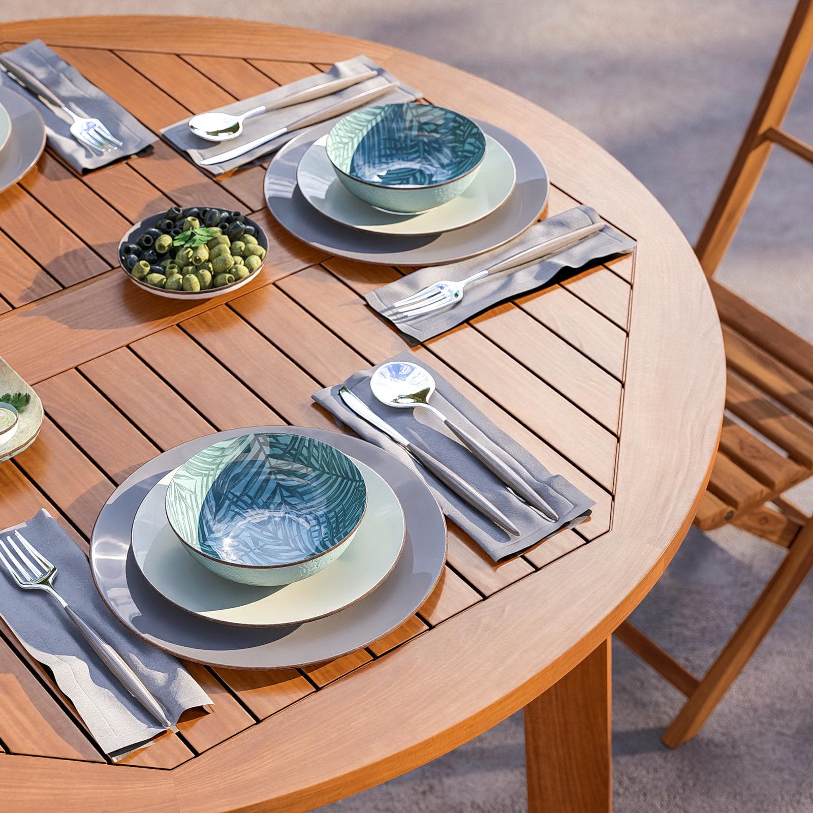Set pranzo tavolo rotondo 110 cm e 4 sedie pieghevoli in legno d'acacia - Paja