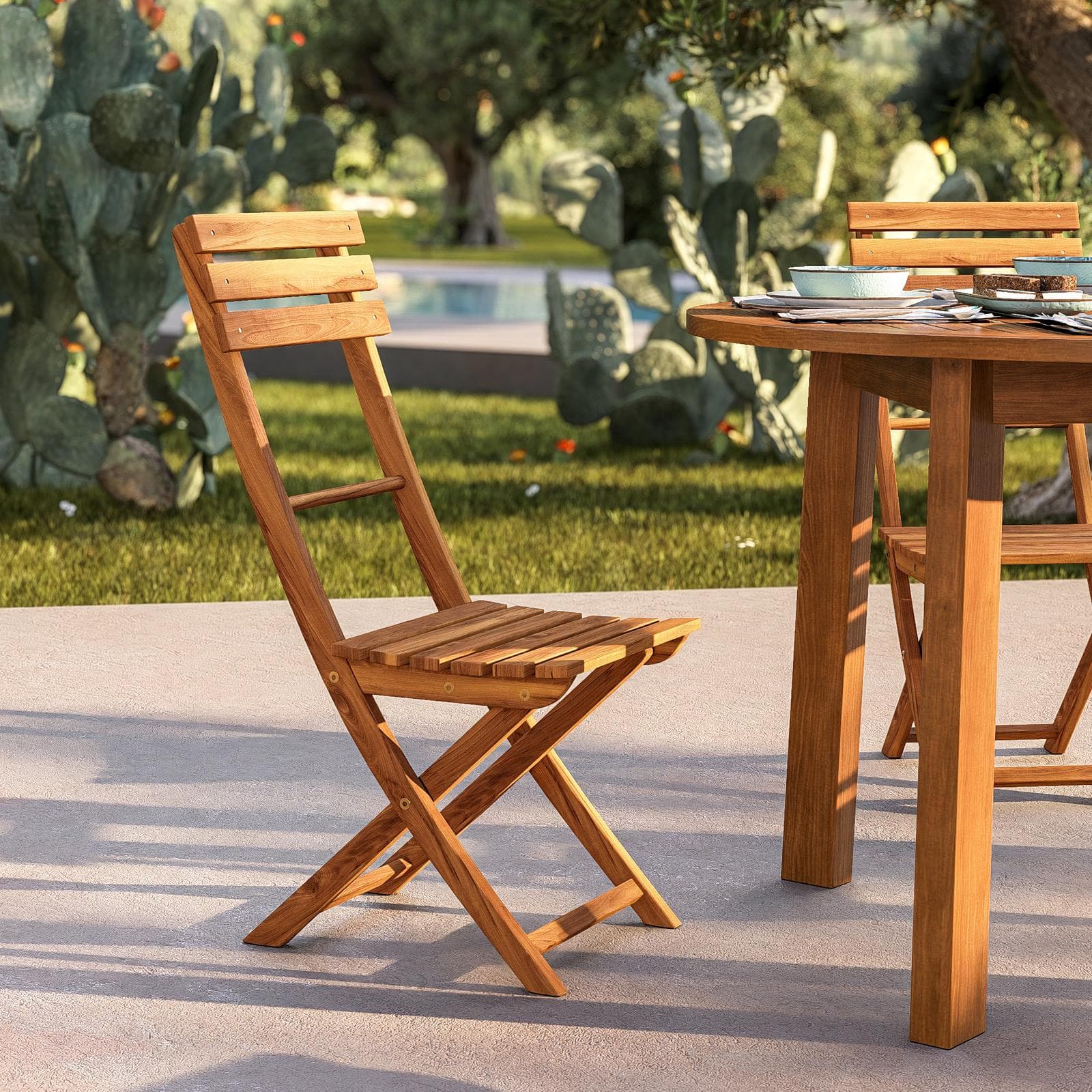 Set pranzo tavolo rotondo 110 cm e 4 sedie pieghevoli in legno d'acacia - Paja