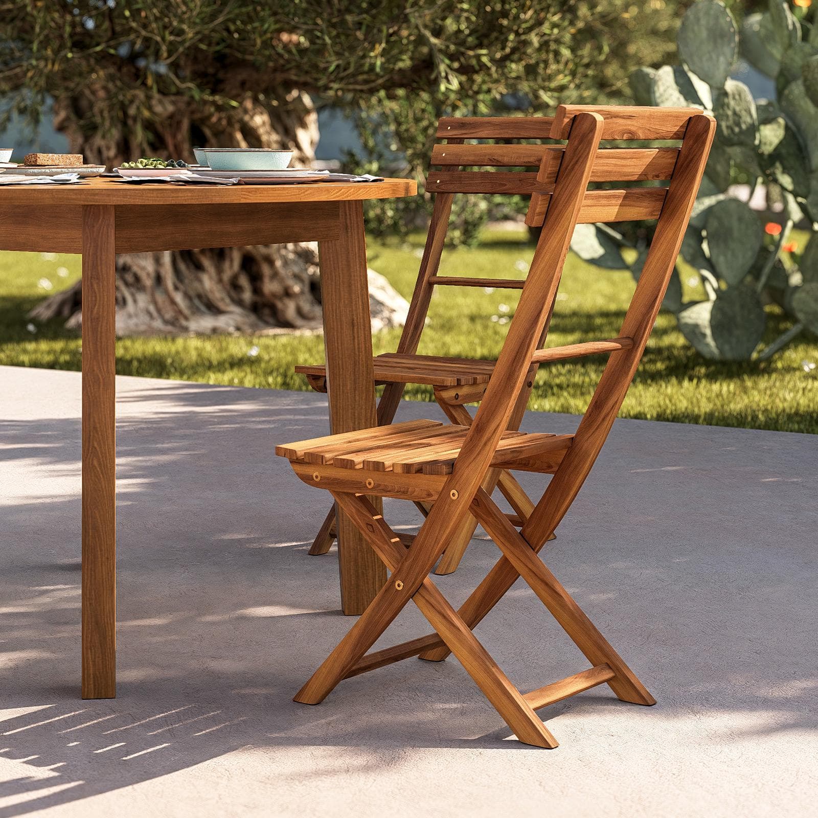 Set pranzo tavolo rotondo 110 cm e 4 sedie pieghevoli in legno d'acacia - Paja