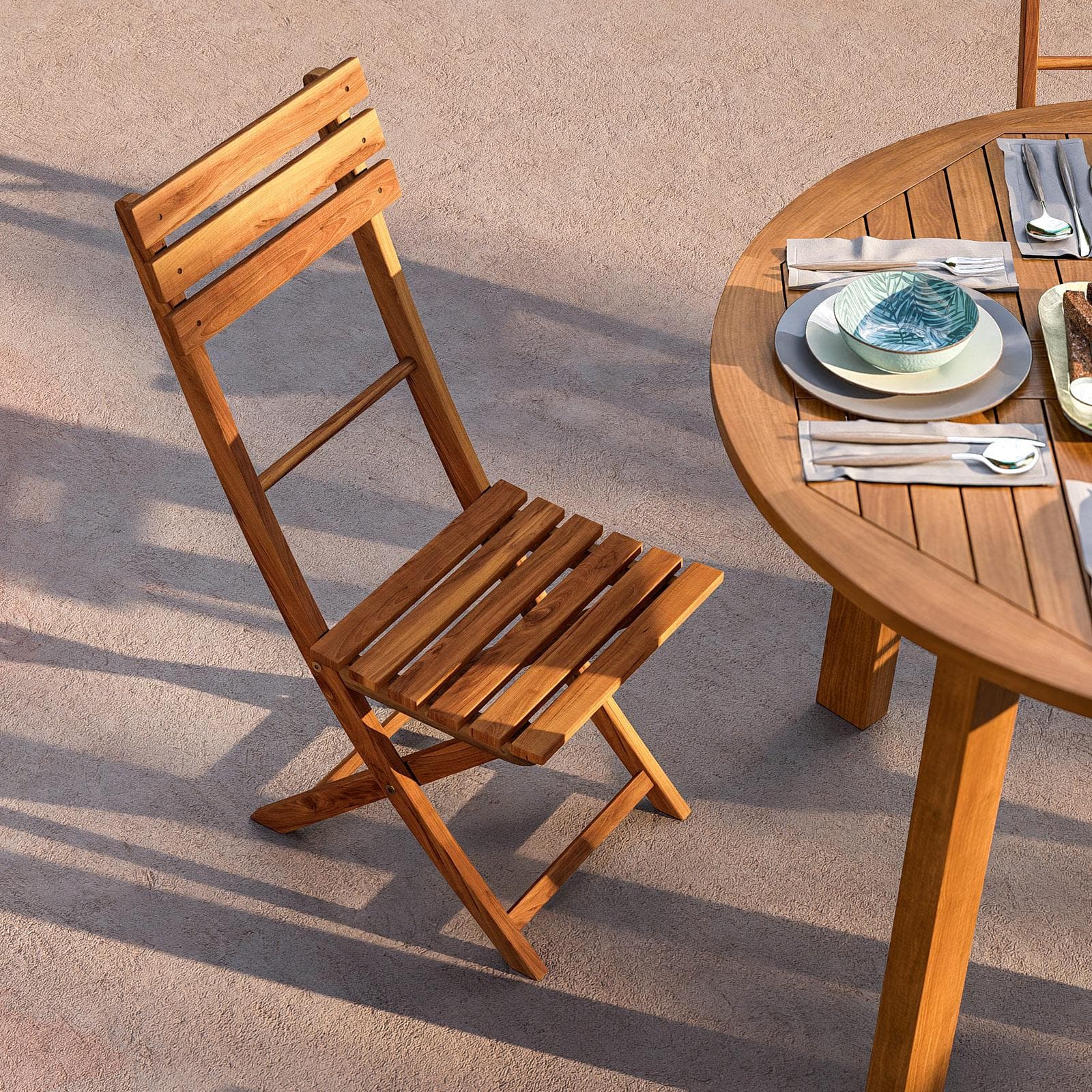 Set pranzo tavolo rotondo 110 cm e 4 sedie pieghevoli in legno d'acacia - Paja