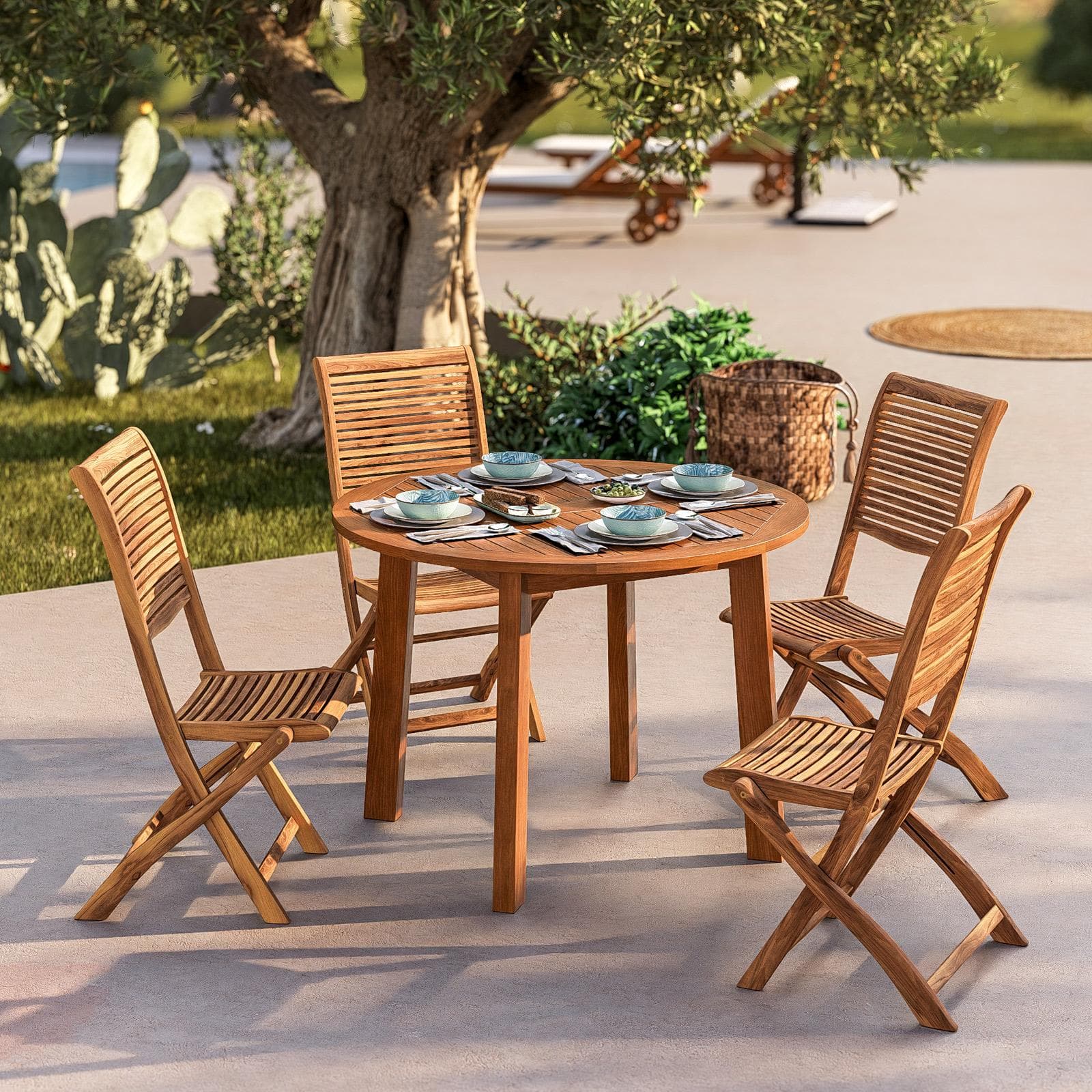 Set pranzo tavolo rotondo 110 cm e 4 sedie pieghevoli in legno di acacia - Paja