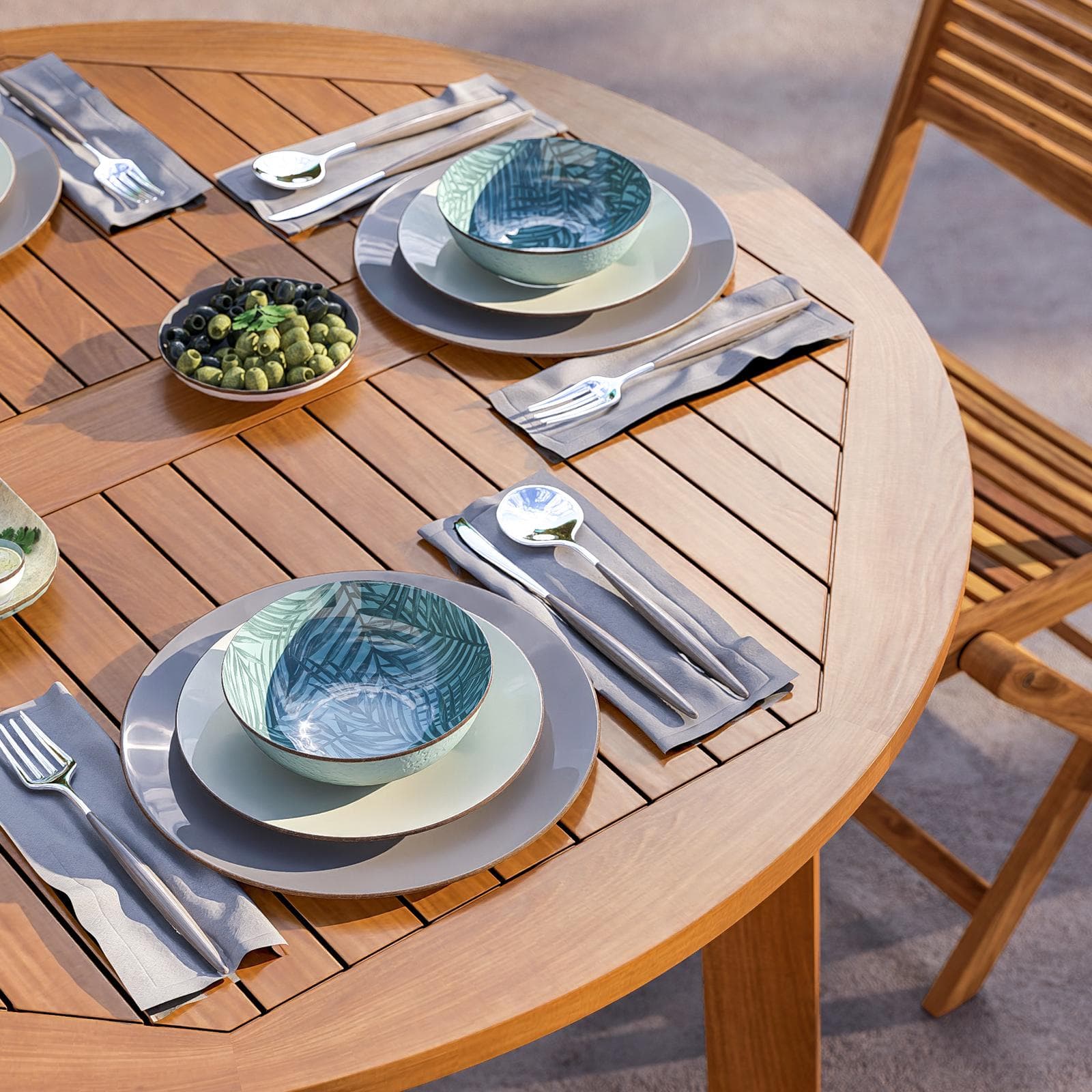Set pranzo tavolo rotondo 110 cm e 4 sedie pieghevoli in legno di acacia - Paja