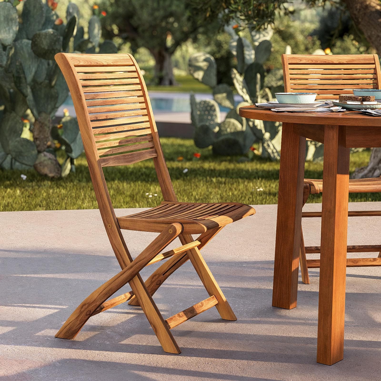 Set pranzo tavolo rotondo 110 cm e 4 sedie pieghevoli in legno di acacia - Paja