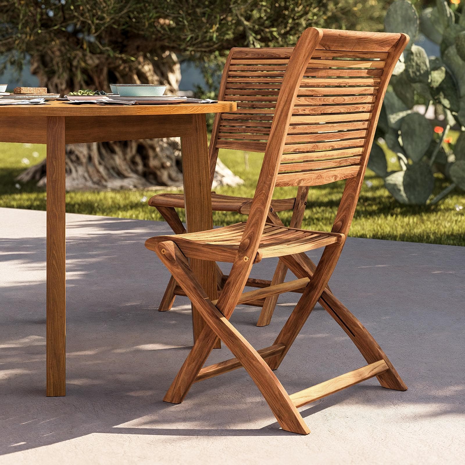 Set pranzo tavolo rotondo 110 cm e 4 sedie pieghevoli in legno di acacia - Paja