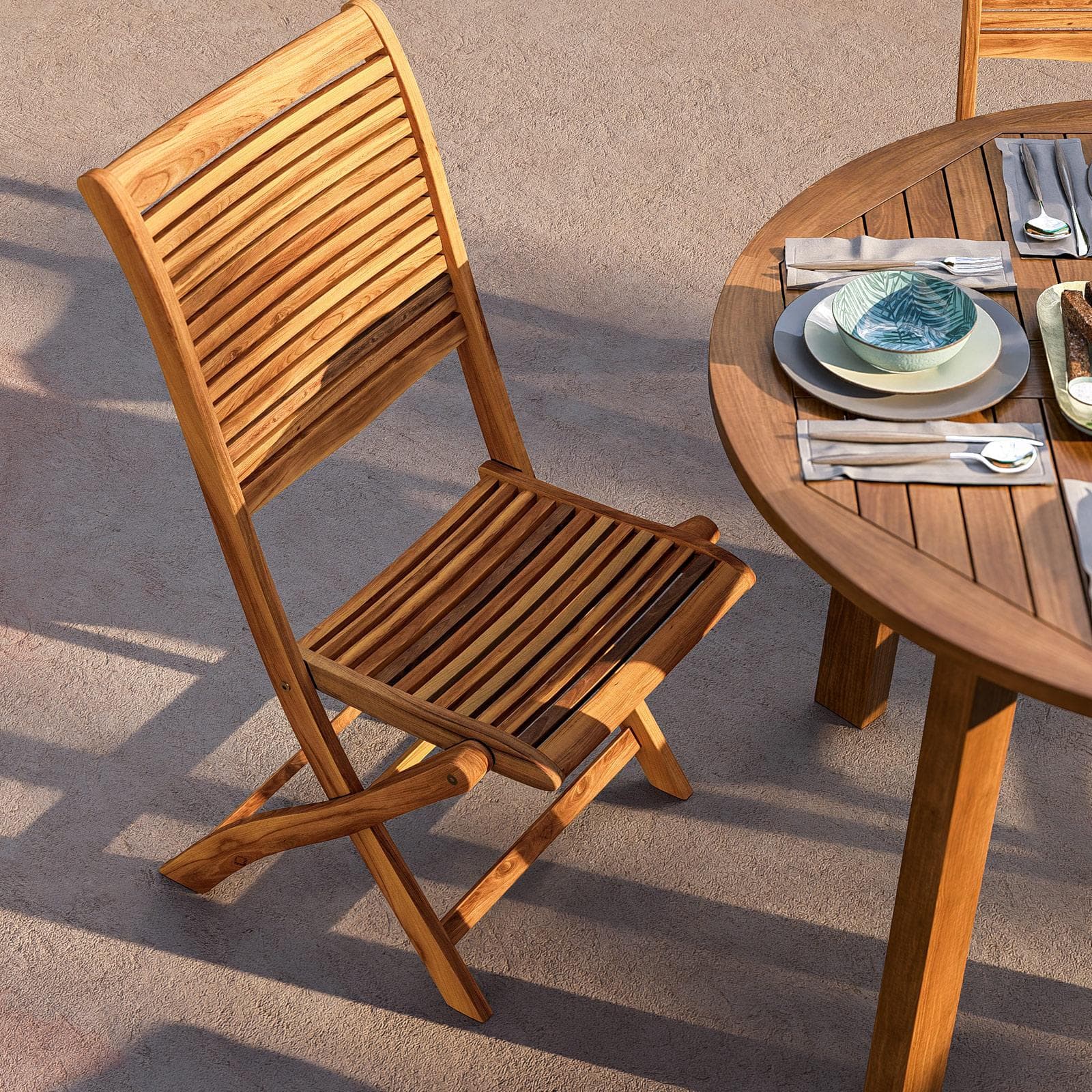 Set pranzo tavolo rotondo 110 cm e 4 sedie pieghevoli in legno di acacia - Paja