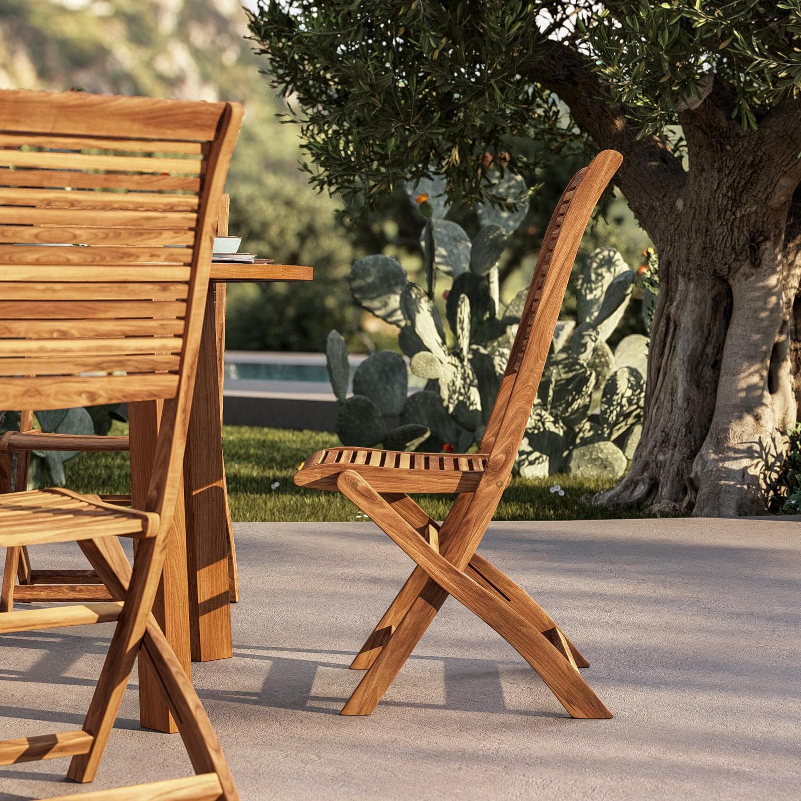 Set pranzo tavolo rotondo 110 cm e 4 sedie pieghevoli in legno di acacia - Paja