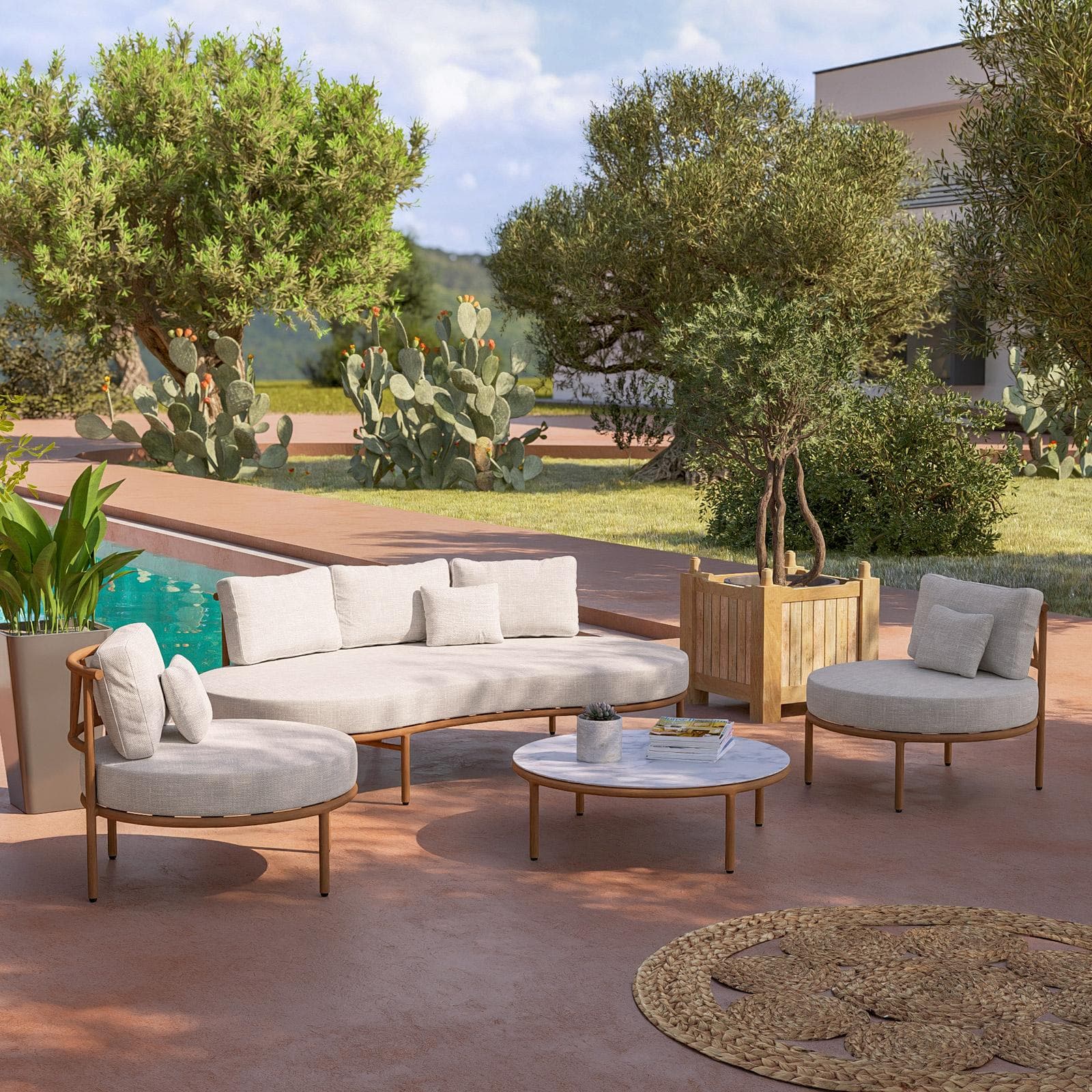 Set relax 2 poltrone divano e tavolino in alluminio effetto legno e tessuto olefin beige - Keanu