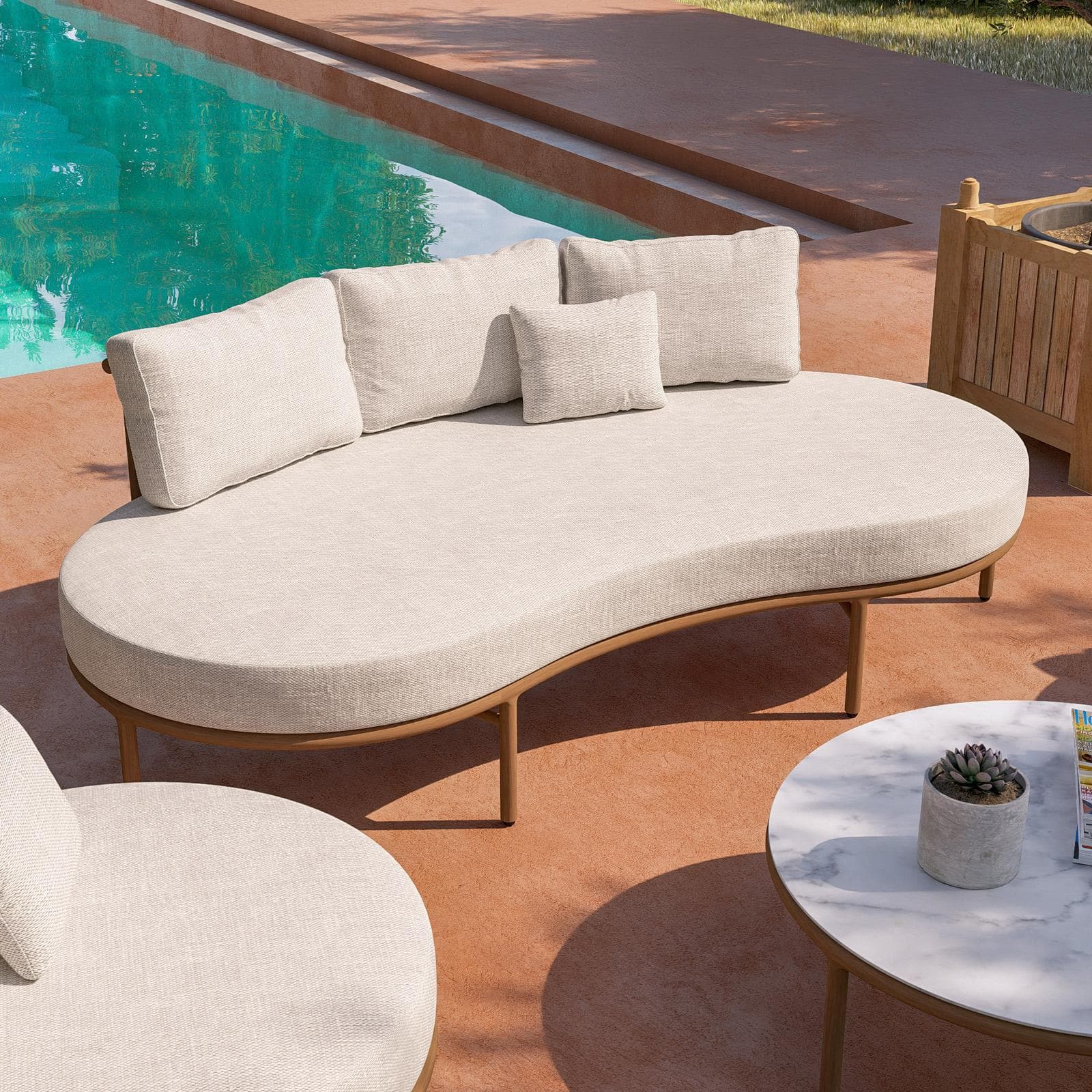 Set relax 2 poltrone divano e tavolino in alluminio effetto legno e tessuto olefin beige - Keanu