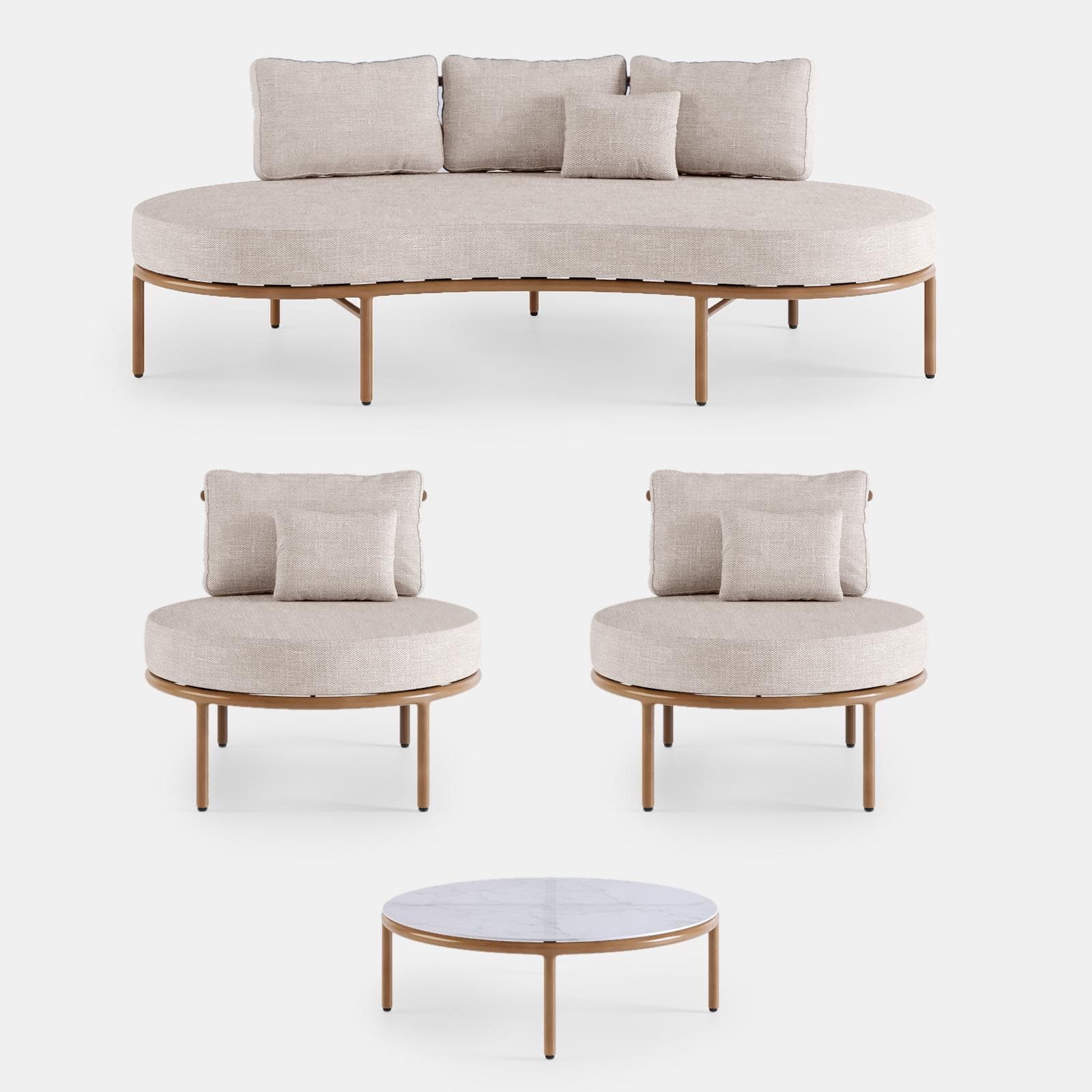 Set relax 2 poltrone divano e tavolino in alluminio effetto legno e tessuto olefin beige - Keanu