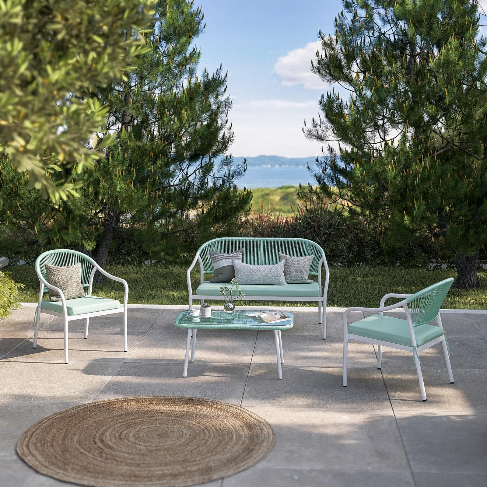 Set relax 2 poltrone divano e tavolino in corda tiffany e acciaio bianco - Eivissa