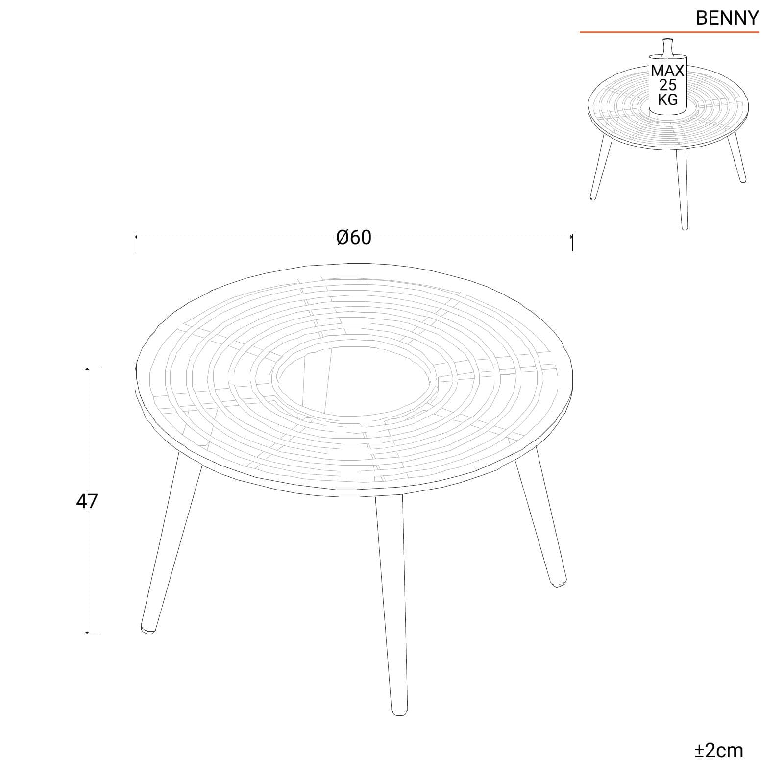 Set relax 2 poltrone in polyrattan naturale e tavolino con piano in vetro diametro 60 cm - Benny