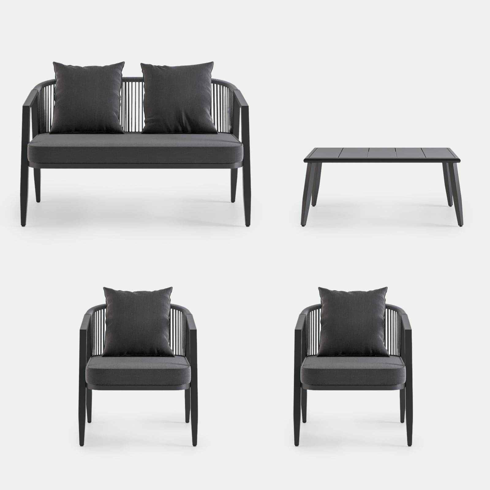 Set relax 4 posti antracite rivestito in corda con cuscini e tavolino - Bonaire