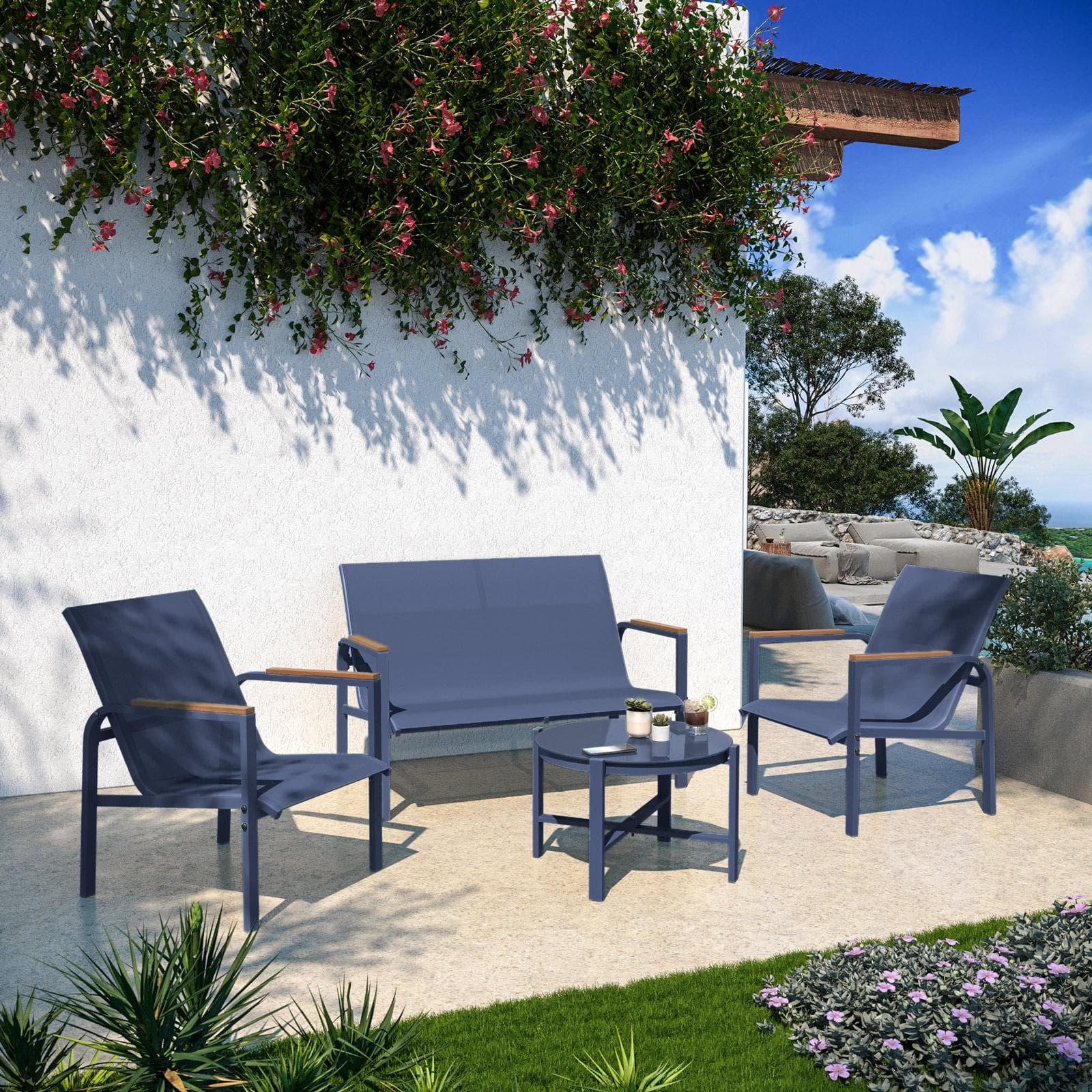Set relax 4 posti con tavolino in acciaio e textilene blu e dettagli in polywood - Veski