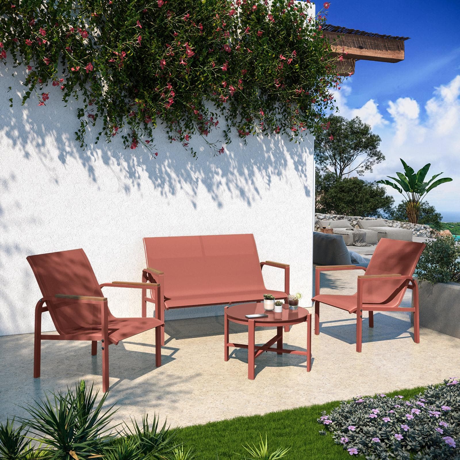 Set relax 4 posti con tavolino in acciaio e textilene terracotta e dettagli in polywood - Veski
