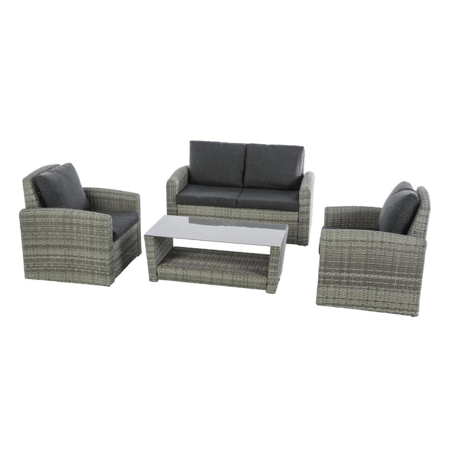 Set relax con divano 2 poltrone e tavolino in polyrattan grigio con cuscini - Zaltana